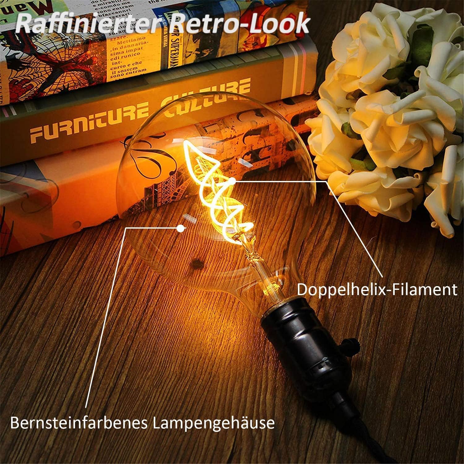 Glühbirne E27 LED Vintage 4W Dimmbar Warmweiß G80, Bernstein - 6 Stück | Edison Vintage Glühbirne E27, Retro Glühbirne, LED Filament Lampe für Nostalgie und Retro Beleuchtung im Haus Café Bar
