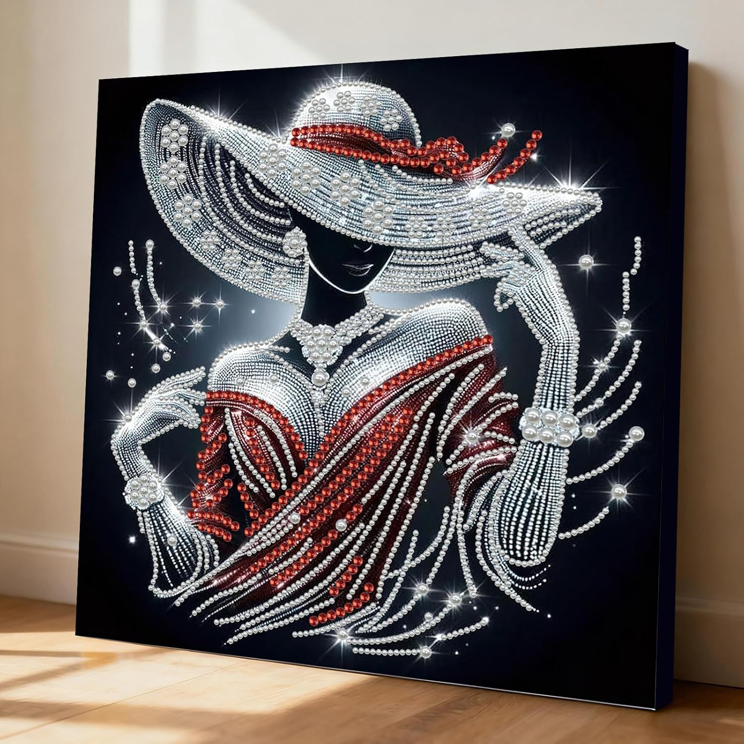DIY Pearl Painting Kit with Wooden Frame, 3D Plastic Pearl Gemstone Ocean Art Craft for Adults Beginners, Diamond Art Kits for Adults, Home Wall Decor Ready Gift for Women(Red Dress Woman)(30 * 30cm)