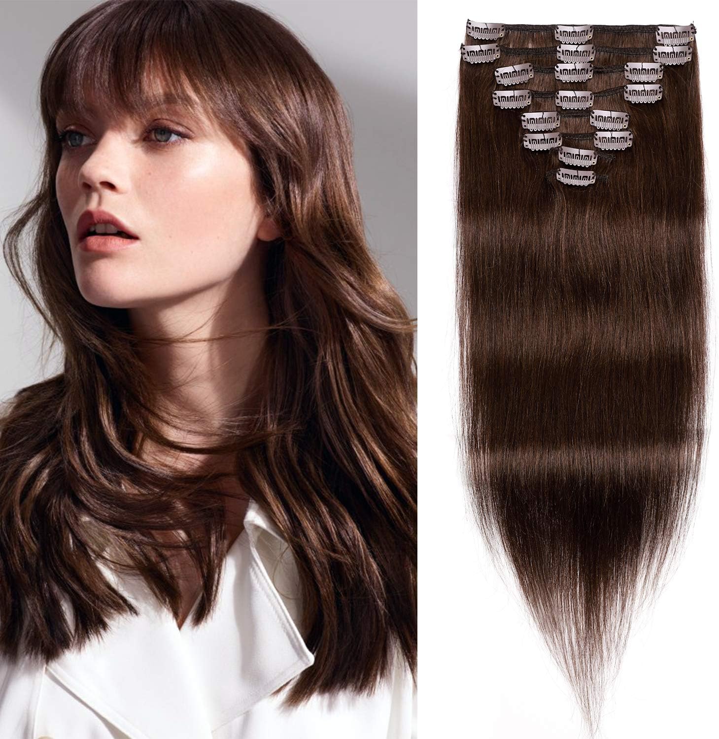 S-noilite Hair Extensions Clip in Human Hair 8pcs 18 Clips 65g Full Head Clip in Real Hair Extension Soft Straight Clip on Remy Hair (8Inch, 4 Medium Brown)