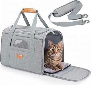 Morpilot Airline Approved Cat Carrier for Pets up to 15lbs,16.5" x11" x11" | Soft-Sided Pet Travel Carrier with 4-Sided Mesh Ventilation for Cats & Puppies (Light Gray)