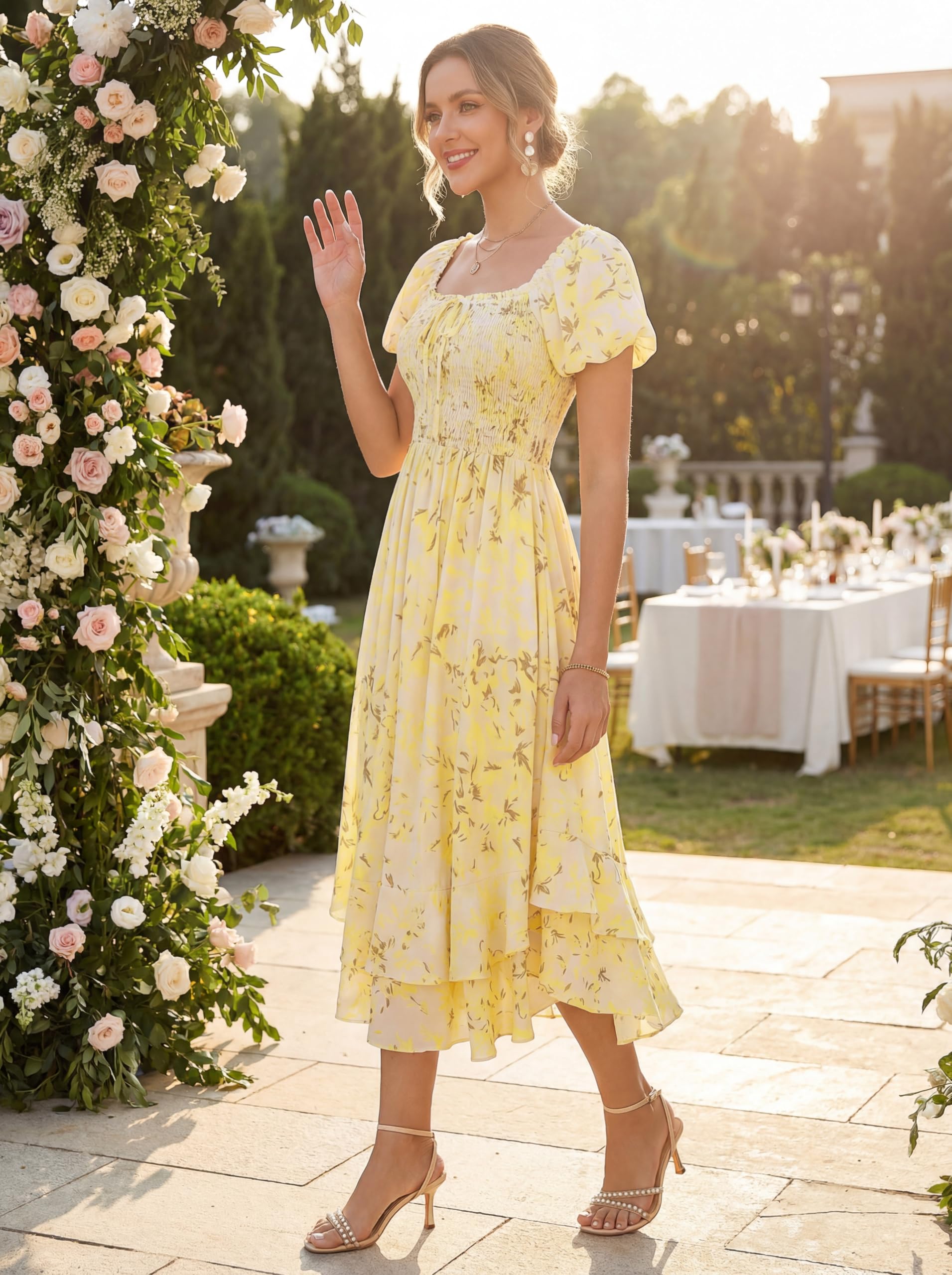 GRACE KARIN Damen Sommerkleid Puffärmel A-Linie Maxi Blumenkleid mit Taschen für Hochzeitsgäste Strand