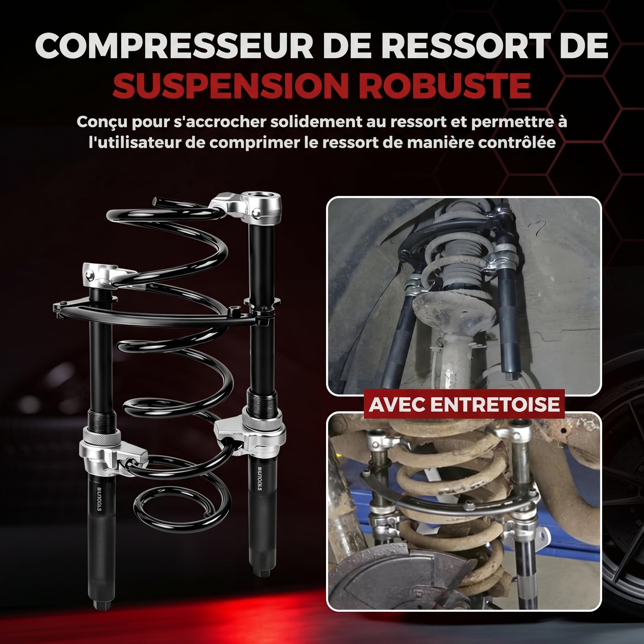 BILITOOLS Lot de 2 Compresseurs de Ressort Amortisseur Macpherson | Professionnel, charge 1200kg, outil auto robuste, compresseur ressort hélicoïdal, étrier de sécurité inclus