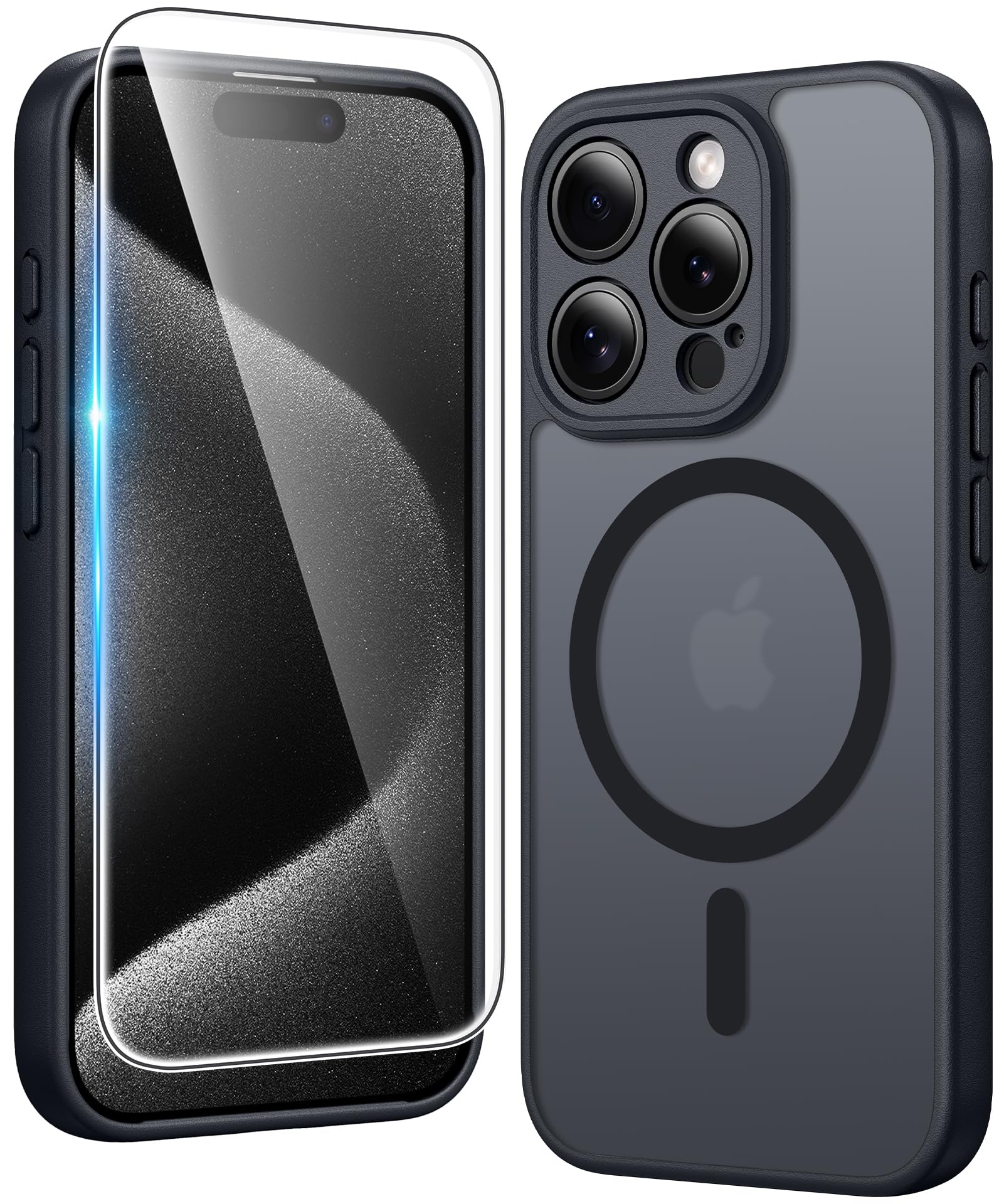 FNTCASE for iPhone 15 Pro-Max Case Compatible with Magsafe Matte Phonecase | Screen Protector, Military Grade Drop Protection, Slim Magnetic Phone Cases, Shockproof Bumper, Translucent Cell Cover