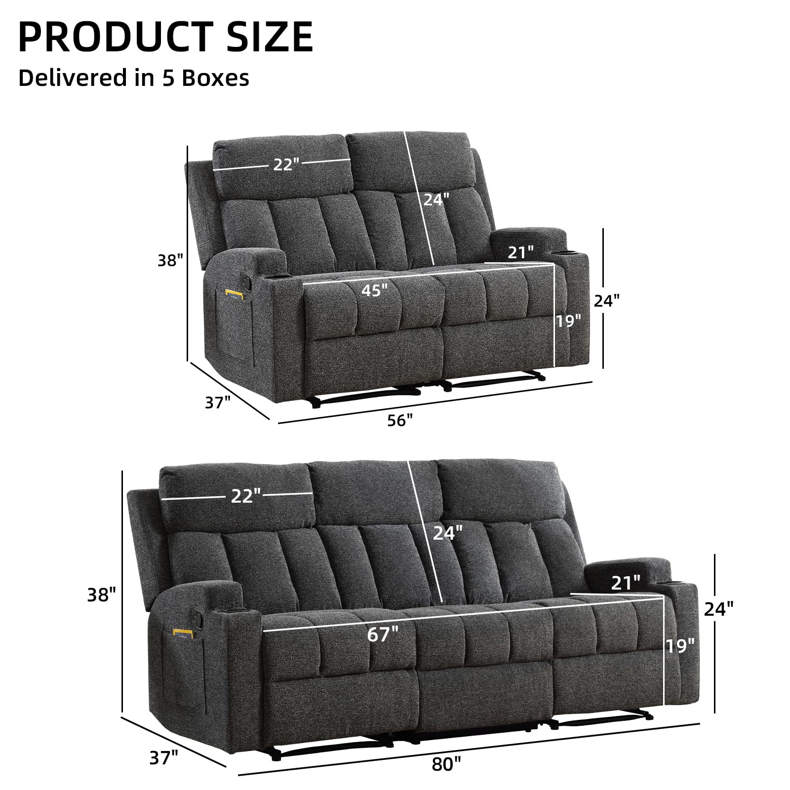 CANMOV Manual Recliner Sofa Set, Fabric Reclining Sofa Chair with Side Pockets and Cup Holders, Living Room Set Includes 3 Seat&Loveseat for Bedroom, Meeting Room, Home Theater, Dark Grey view 2