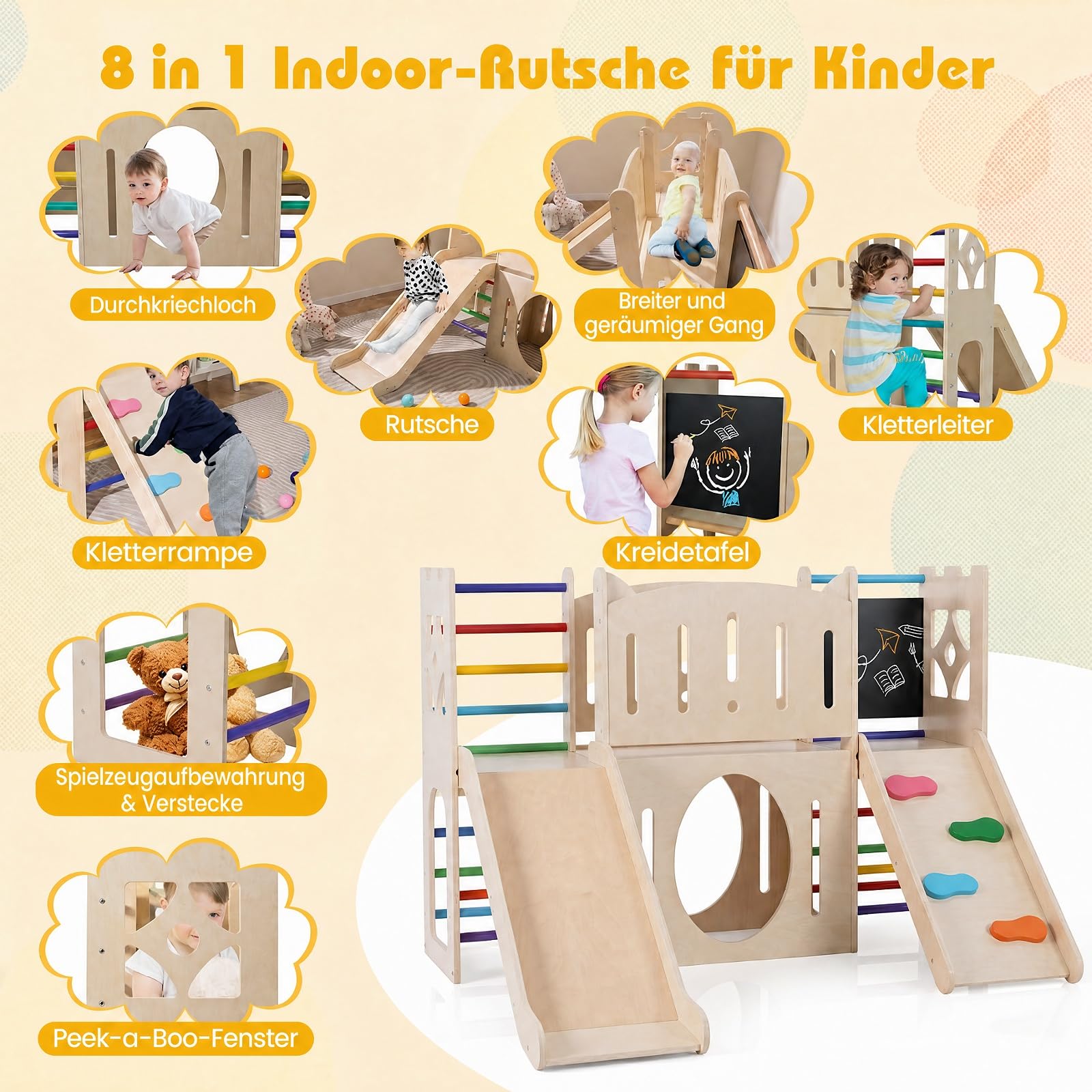 COSTWAY Kinder Rutsche Klettergerüst, 8-in-1 Indoor Spielplatz (Farbig) | Holz Rutsche mit Kletterleiter & Kletterrampe, Tunnel, Tafel, Stauraum, für Kinder ab 3 Jahren