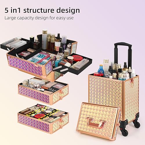 Miniatura 4 de Estuche de maquillaje rodante, estuche de maquillaje con tapa, estuche de cosmetología 5 en 1 sobre ruedas, regalo de Navidad, organizadores de