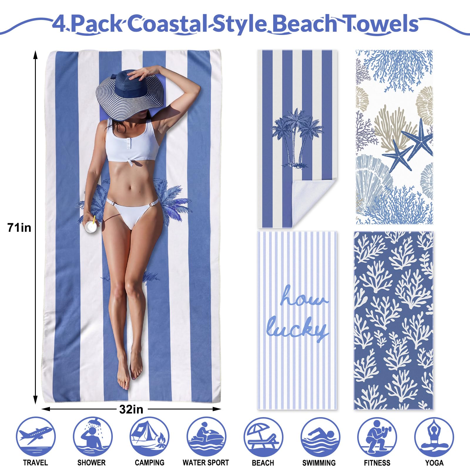 Frienda Paquete de 4 toallas de playa ligeras de microfibra de gran tamaño de 71 x 32 pulgadas para mujeres y hombres, de microfibra, de secado rápido, sin arena, con estrellas de mar de coral y