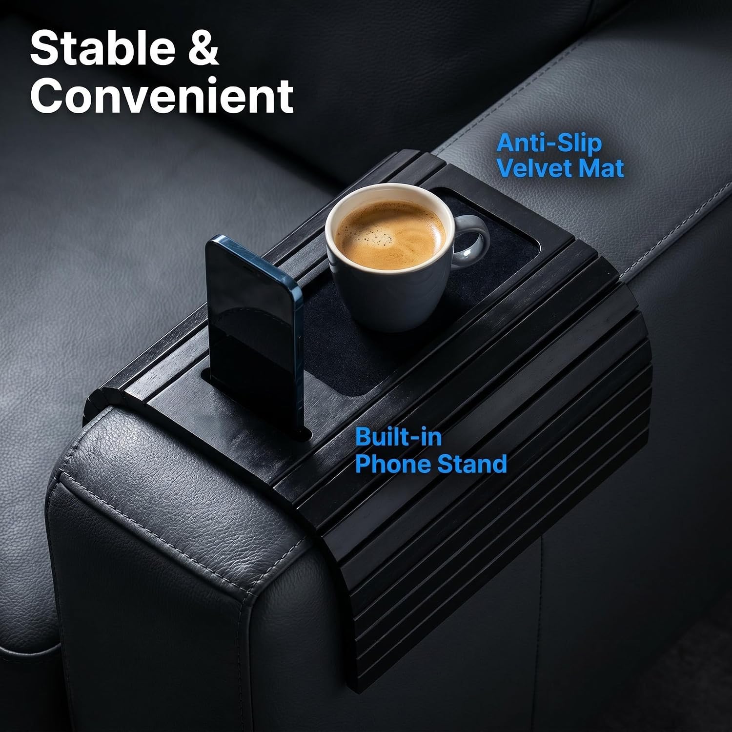 Foldable Sofa Couch Armrest Tray Wooden Anti-Slip with Phone Holder | Foldable wooden couch armrest tray with anti-slip pad, phone & remote holder, space-saving sofa side table for living room