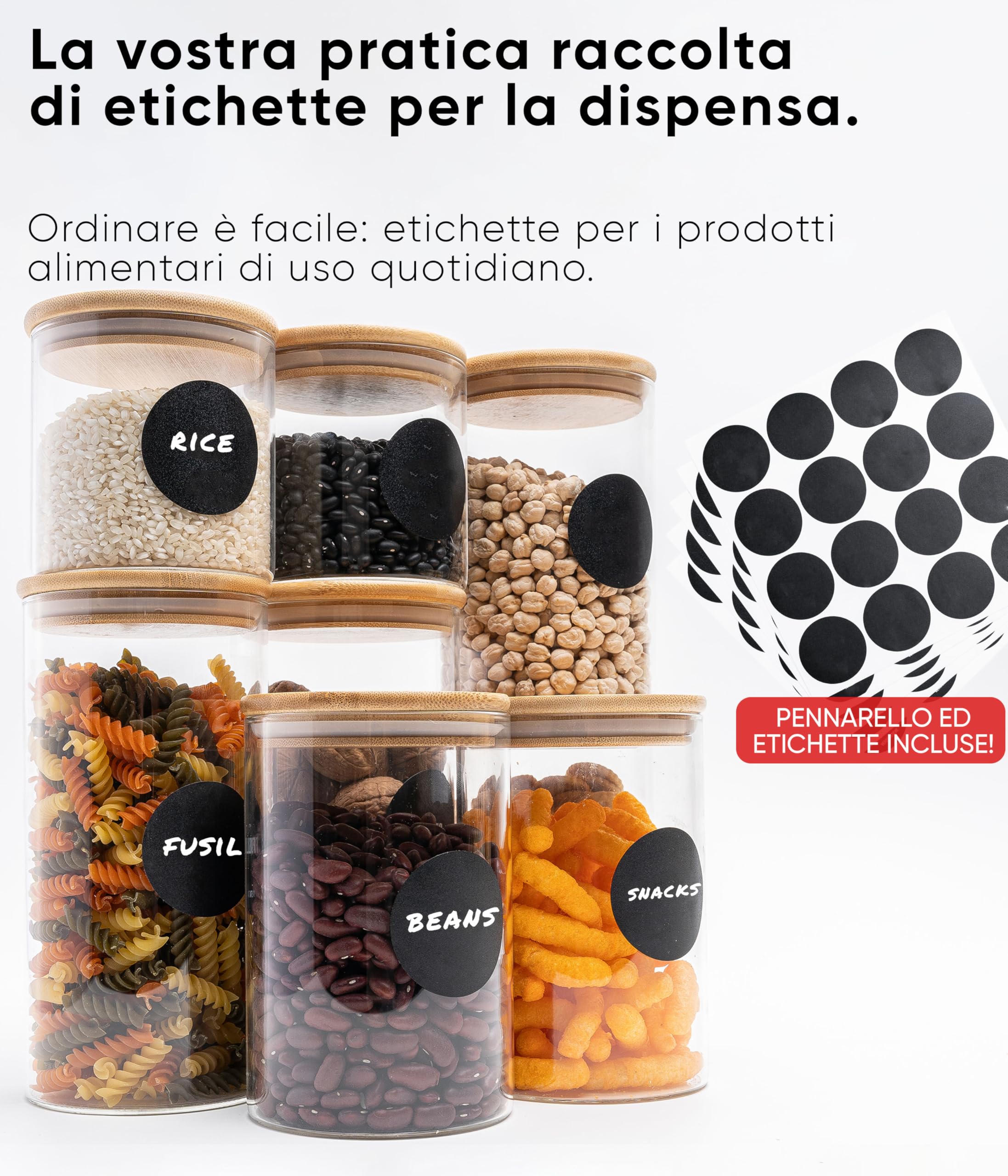 Deco haus Barattoli Vetro con Coperchio Legno Set di 8 [+ETICHETTE] - Contenitori Pasta Vetro - Contenitori Cucina - Porta pasta contenitore per Biscotti, Farina, Cereali, Spaghetti