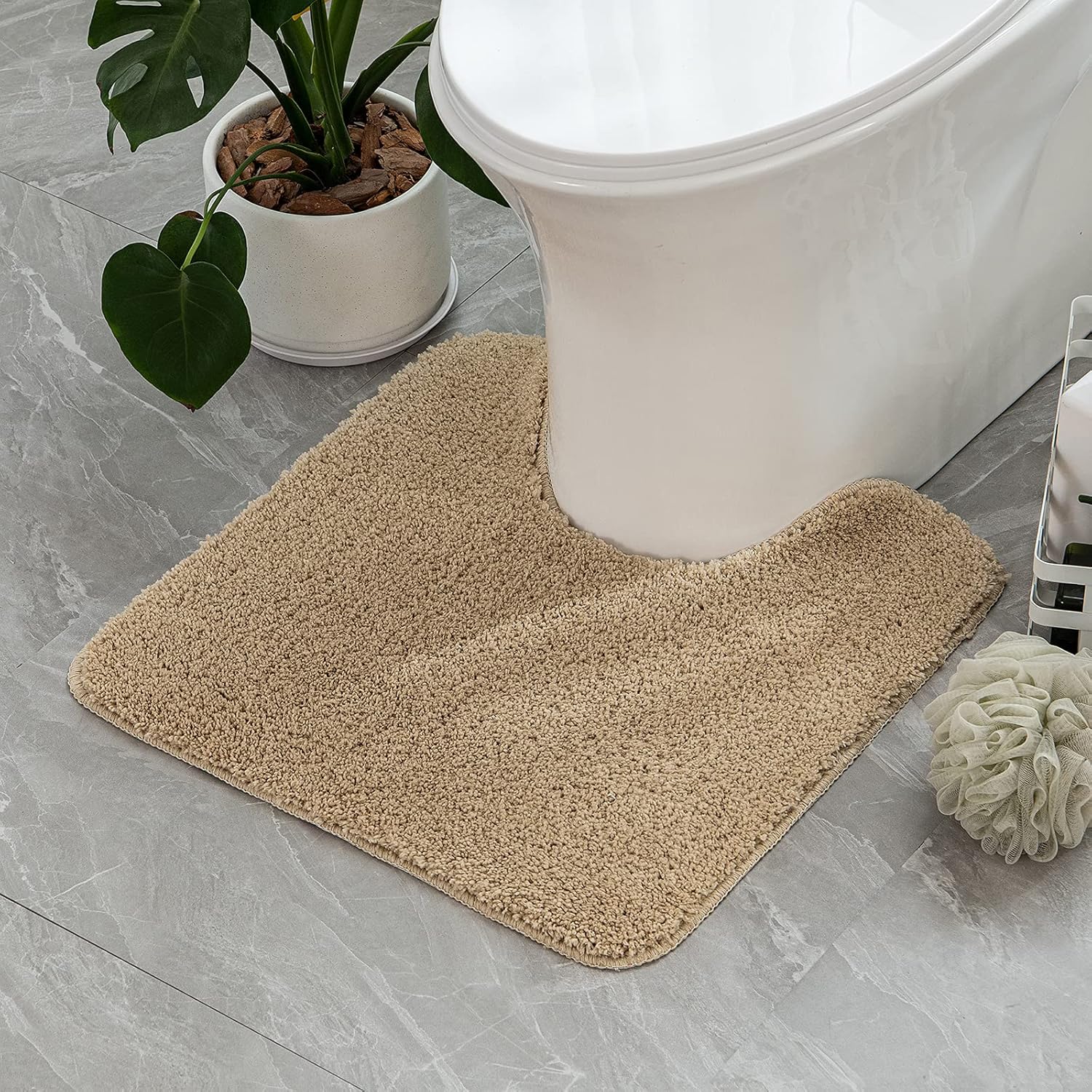 MIULEE Absorbent WC Toilet Rug Non Slip U Shape Bath Mat with High Hydroscopicity Rugs Super Soft Cozy and Shaggy Microfiber Rug Carpet for Bathroom Beige 45 x 45 cm