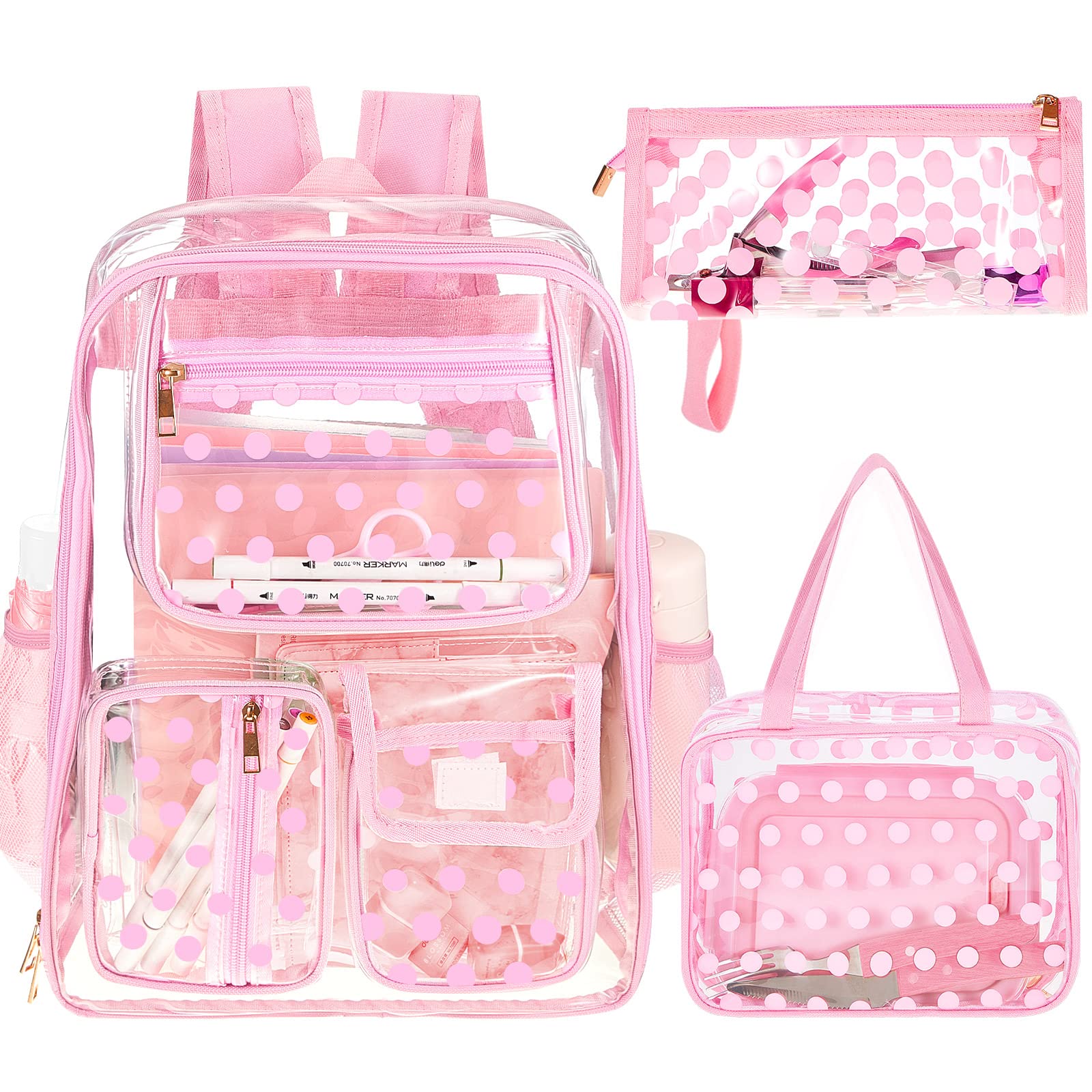 Silkfly3 Pcs Clear Backpack Transparent School Backpacks PVC Clear Bookbag with Lunch Bag Pencil Case for Stadium Kids Girls Boys Christmas Gifts (Pink,Polka Dot)
