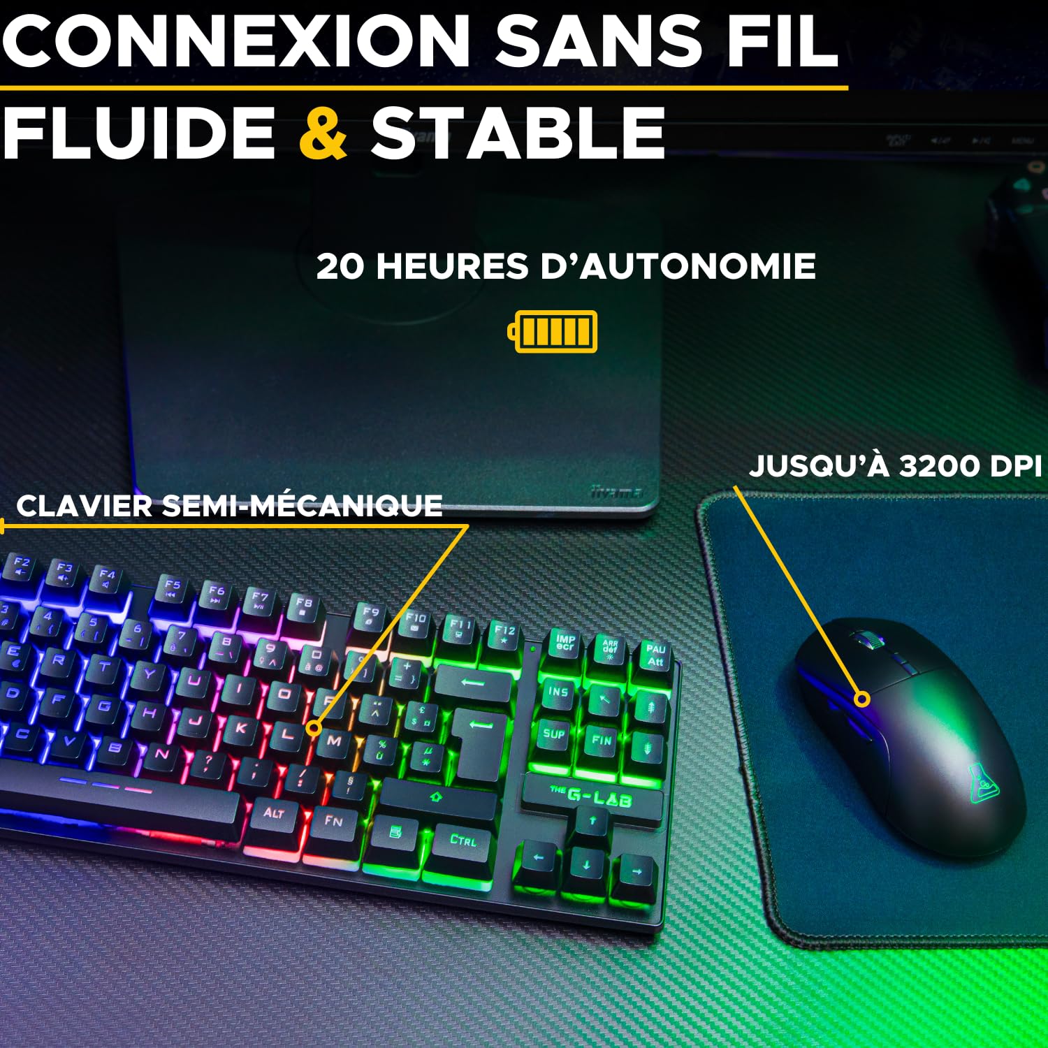 The G-Lab Oxygen EX Combo - Zestaw bezprzewodowej klawiatury i myszy do gier z diodami LED RGB - bezprzewodowa klawiatura do gier w formacie TKL, układ hiszpański i bezprzewodowa mysz do gier, 3200