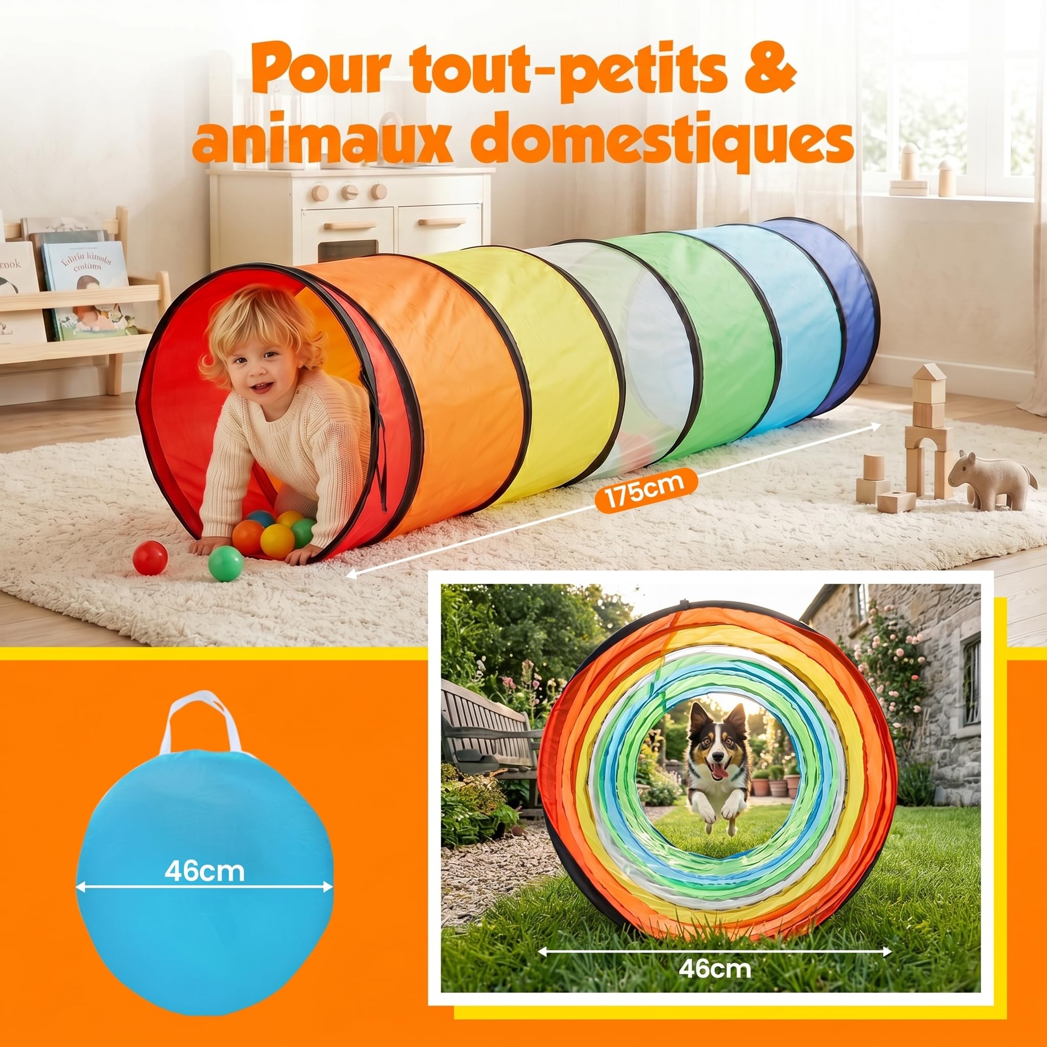 Tente de Jeux Tunnel Enfant 180 cm - Pliable Pop-up Exterieur Interieur avec Côtés en Maille - Parcours Motricité Bébé Cadeau
