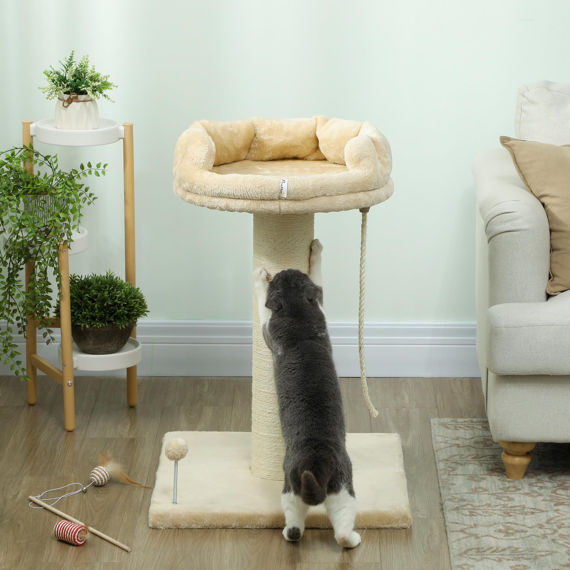PawHut Árbol Rascador para Gatos Mini de 2 Niveles 55x55x83 cm Beige | Mini Árbol para Gatos, Plataforma, Bola con Muelle, Cuerda Colgante, Poste de Sisal