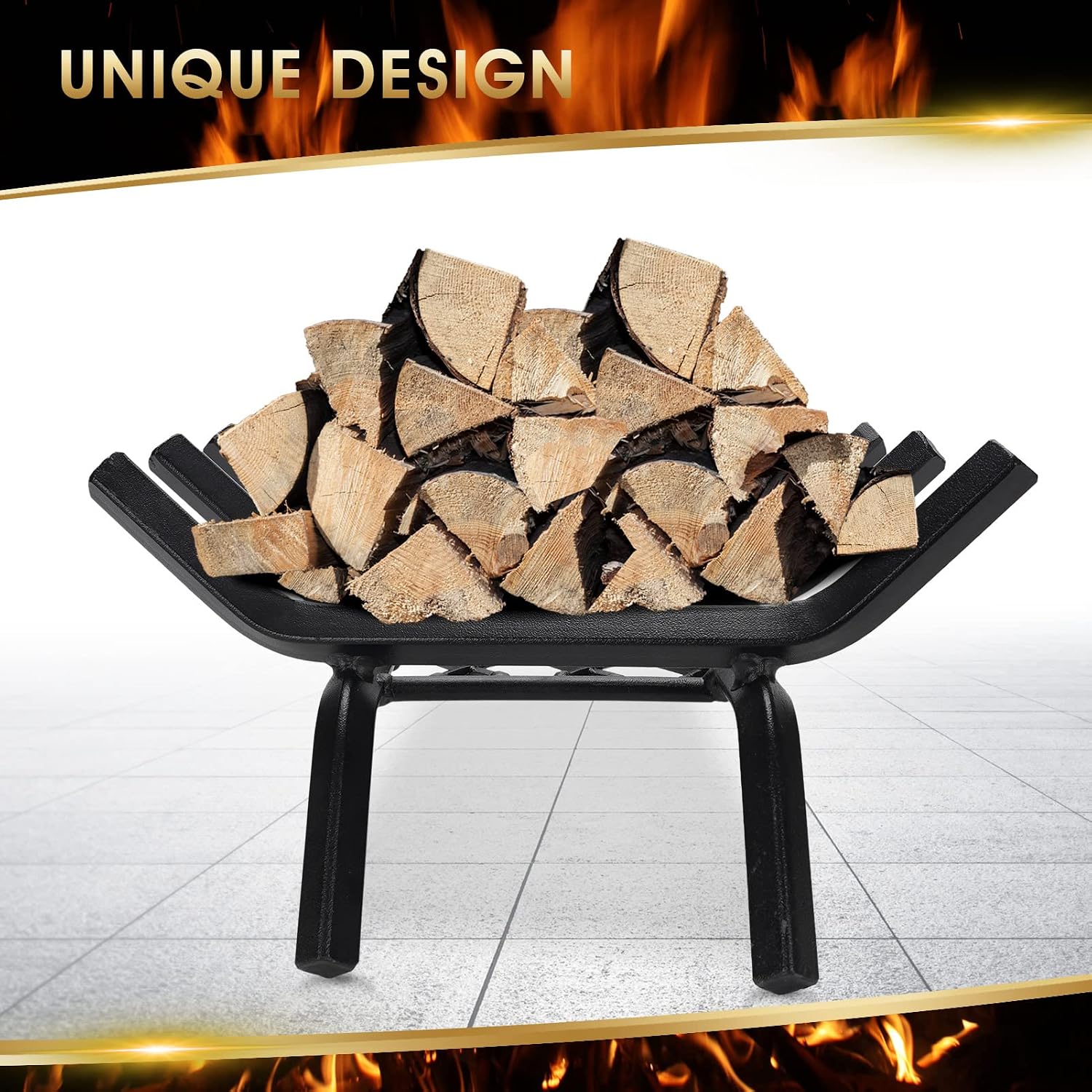 G GOOD GAIN Fireplace Grate with Ember Retainer, 20" Heavy Duty Steel Indoor, Chimney Hearth Wood Stove Burning Rack Holder,1/2 Bar Fire Place Asseccories for Outdoor, Fire Pits, Camping.