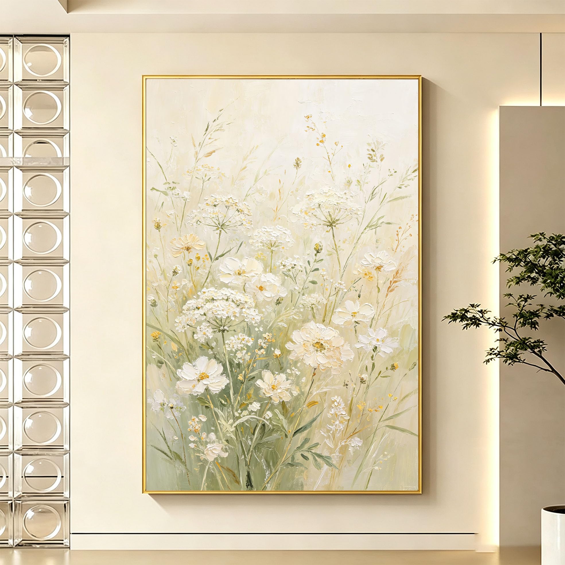100% Handgemaltes Florales Ölgemälde, Weiße Gänseblümchen, Leinwandbild, Rahmenlos, Abstraktes Blumenmotiv Für Wohnzimmerdekoration, 100 X 160 Cm (39,4 X 63 Zoll)