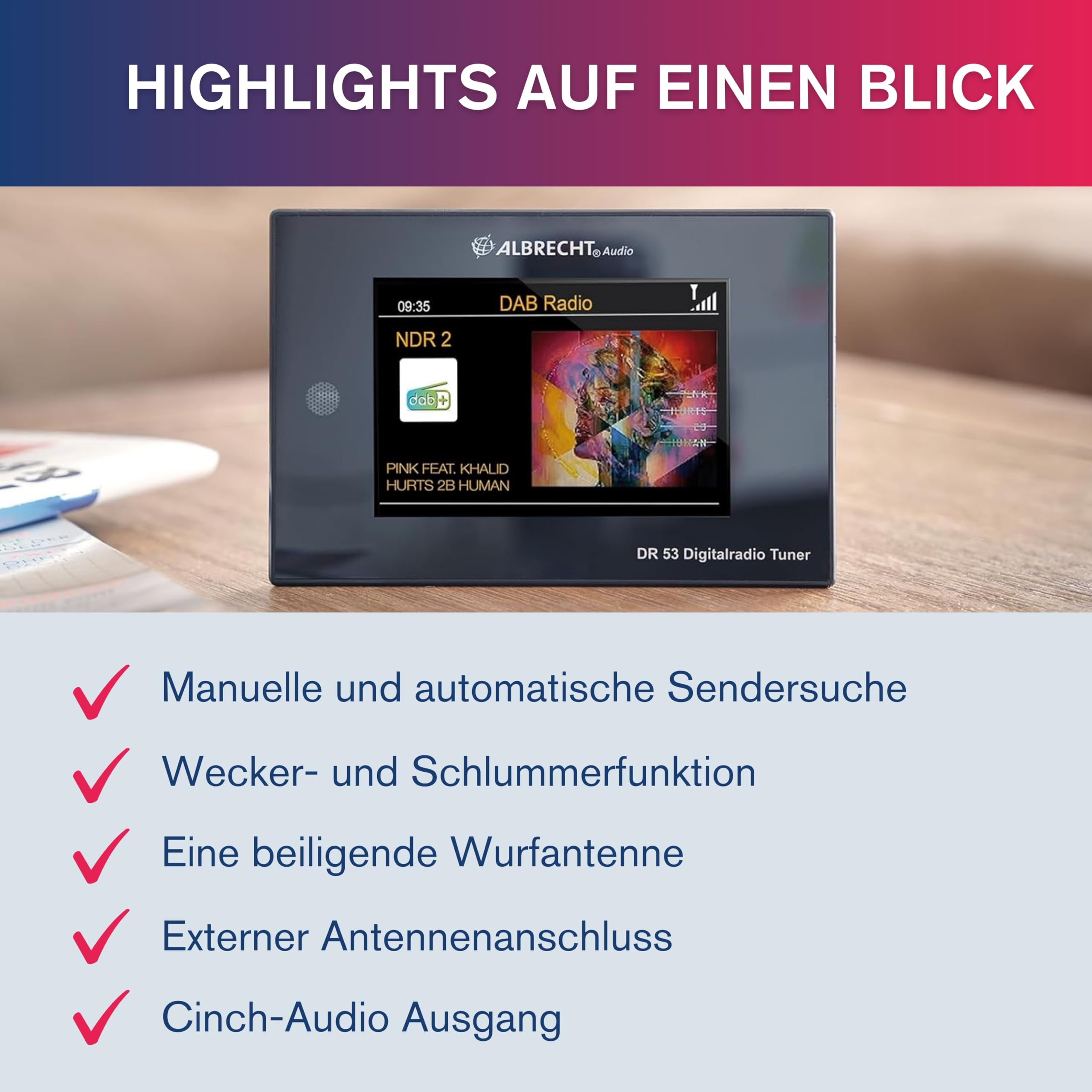 Albrecht DR 53 Digitalradio-Adapter, DAB+, UKW & Musik-Streaming Tuner für Stereoanlagen, 27251, mit Farb-Display & Fernbedienung