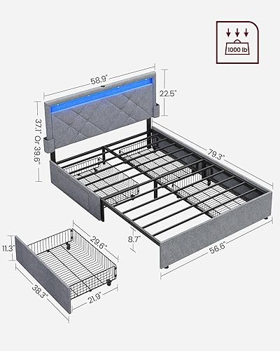 Miniatura 2 de VASAGLE Base de cama LED tamaño matrimonial con cabecero y 4 cajones, 1 puerto USB y 1 puerto tipo C, cabecera tapizada ajustable, no necesita