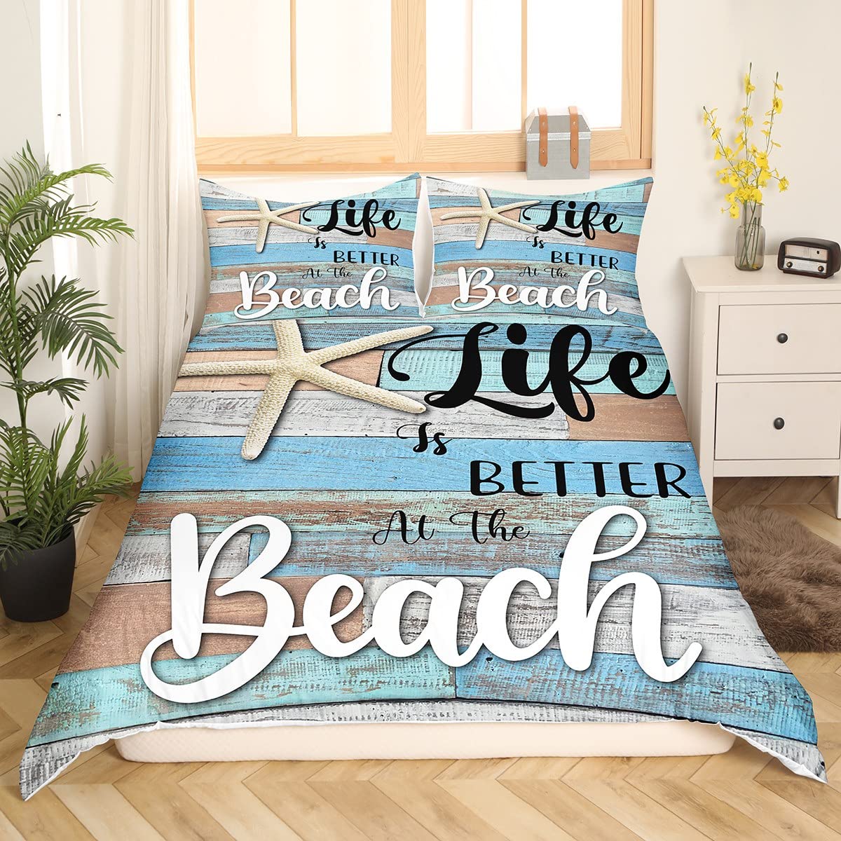 Manfei Beach Starfish Duvet Cover Set Super King Size,Chic Woodgrain Bedding Sets 3Pcs for Kids Girls Boys Adult Room Decor,Beach Theme Comforter Cover Cyan Blue Quilt Cover,2 Pillowcases โ image 1