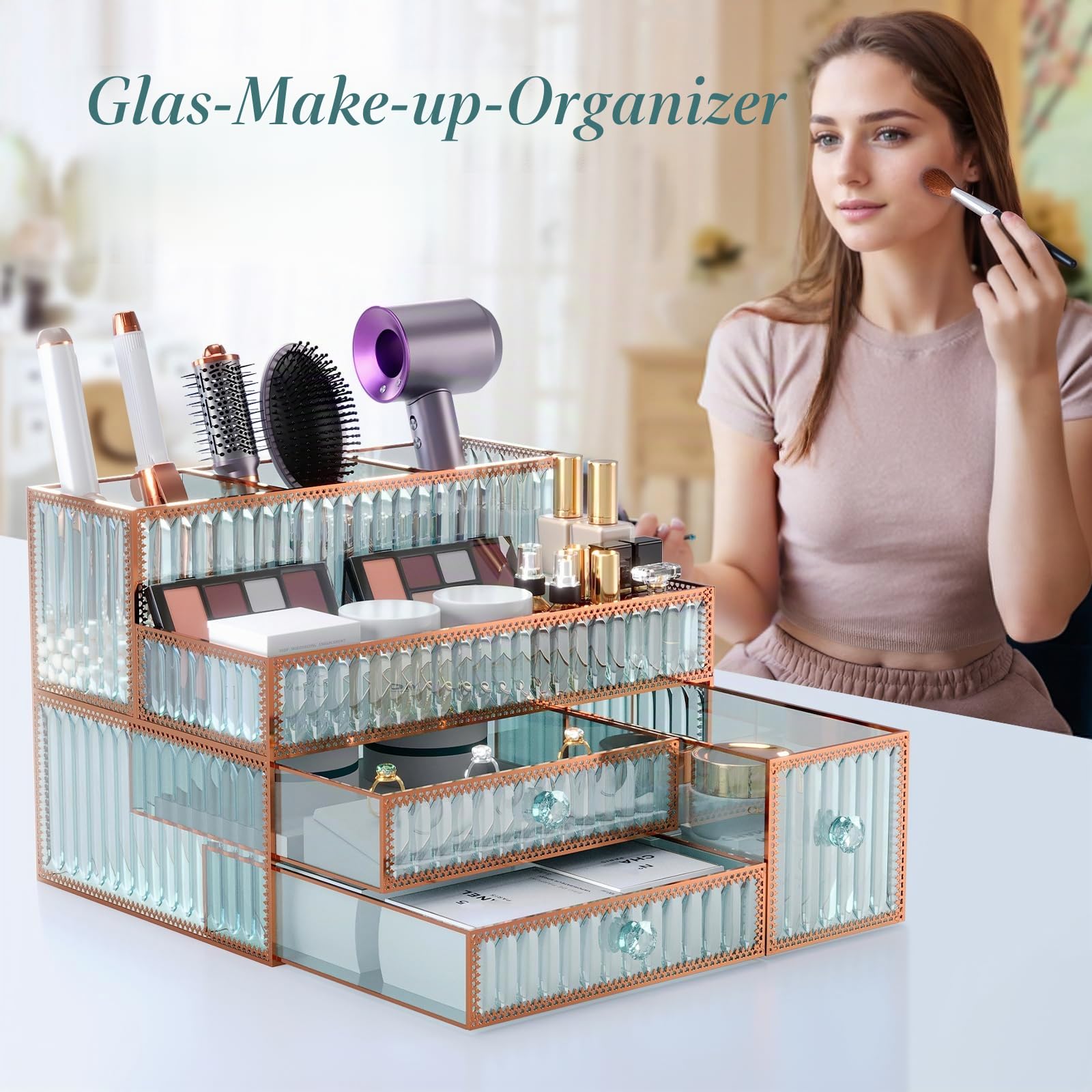 Youdepot Schminktisch Organizer aus gehärtetem Glas, Kosmetik Organizer für Make-up, Skincare, Pinsel, Parfüm und Haar-Tools, Badezimmer Aufbewahrung für Tischplatte, Grün
