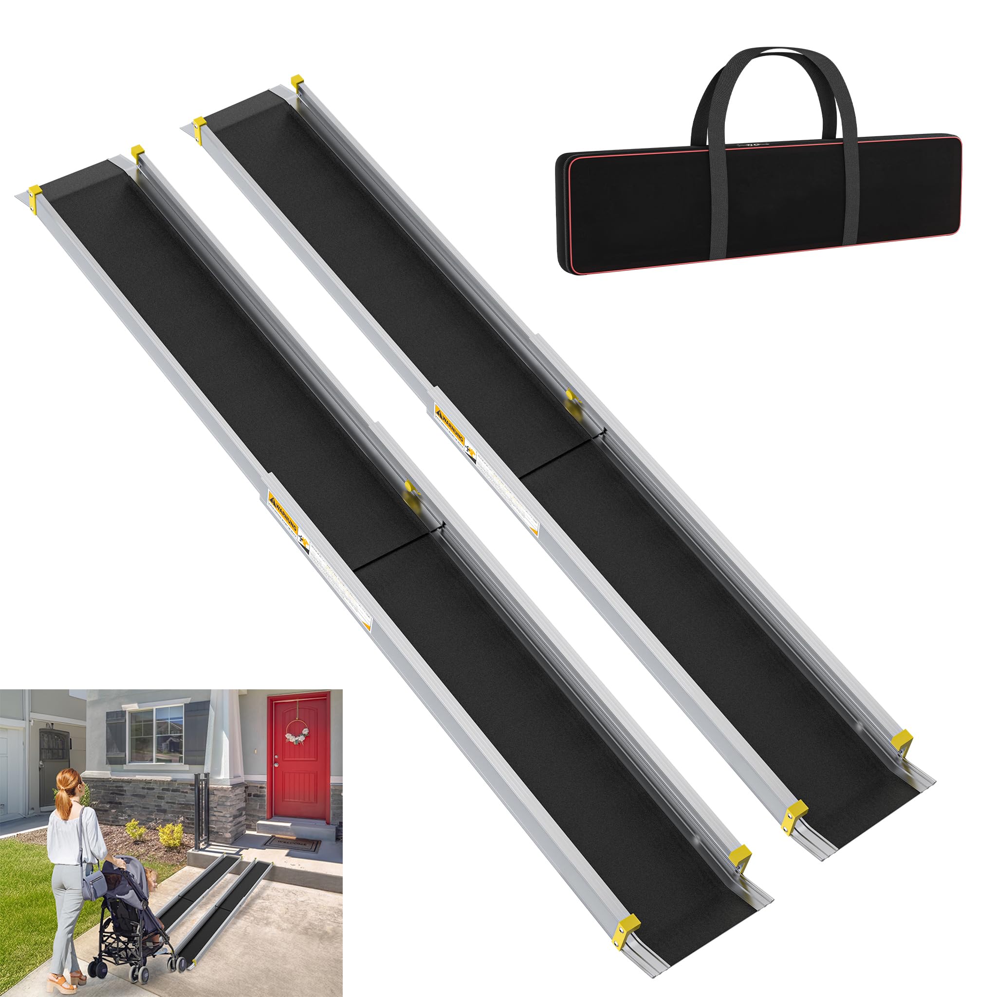 YRHome 2X Teleskop Rollstuhlrampe 91-152cm Verstellbare Teleskoprampe Anti-Rutsch und Tragbar Teleskop-Rampe bis 300 kg für Manuelle Rollstühle Aluminium Rampe für Treppen und Schwellen