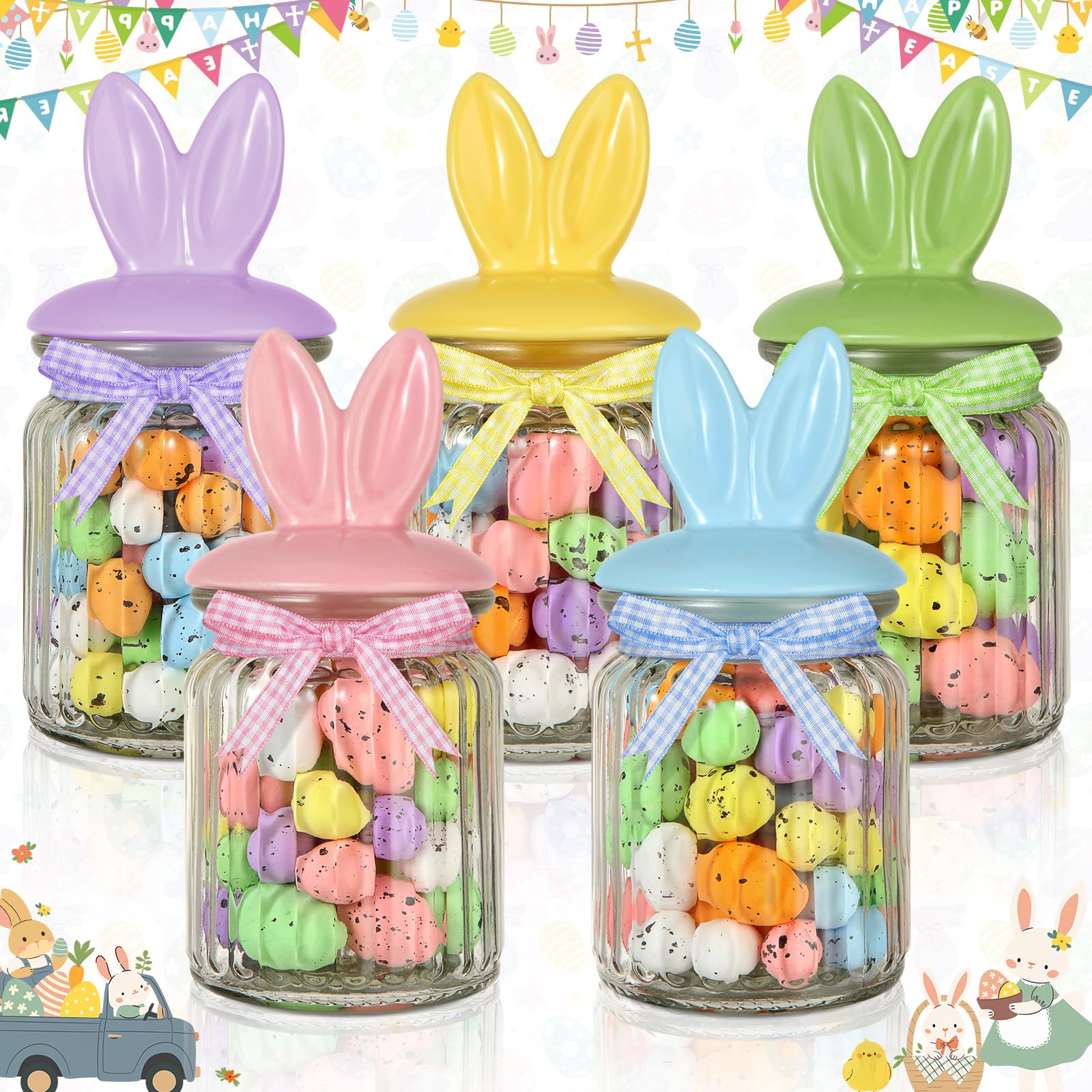 Photo 1 of SUMMORO Easter Decorations - 5 PCS Easter Glass Candy Jar with Ceramic Bunny Shaped Lid Easter Cookie Decorative Jar with Gingham Ribbon Bows for Easter Table Centerpiece Decorations
