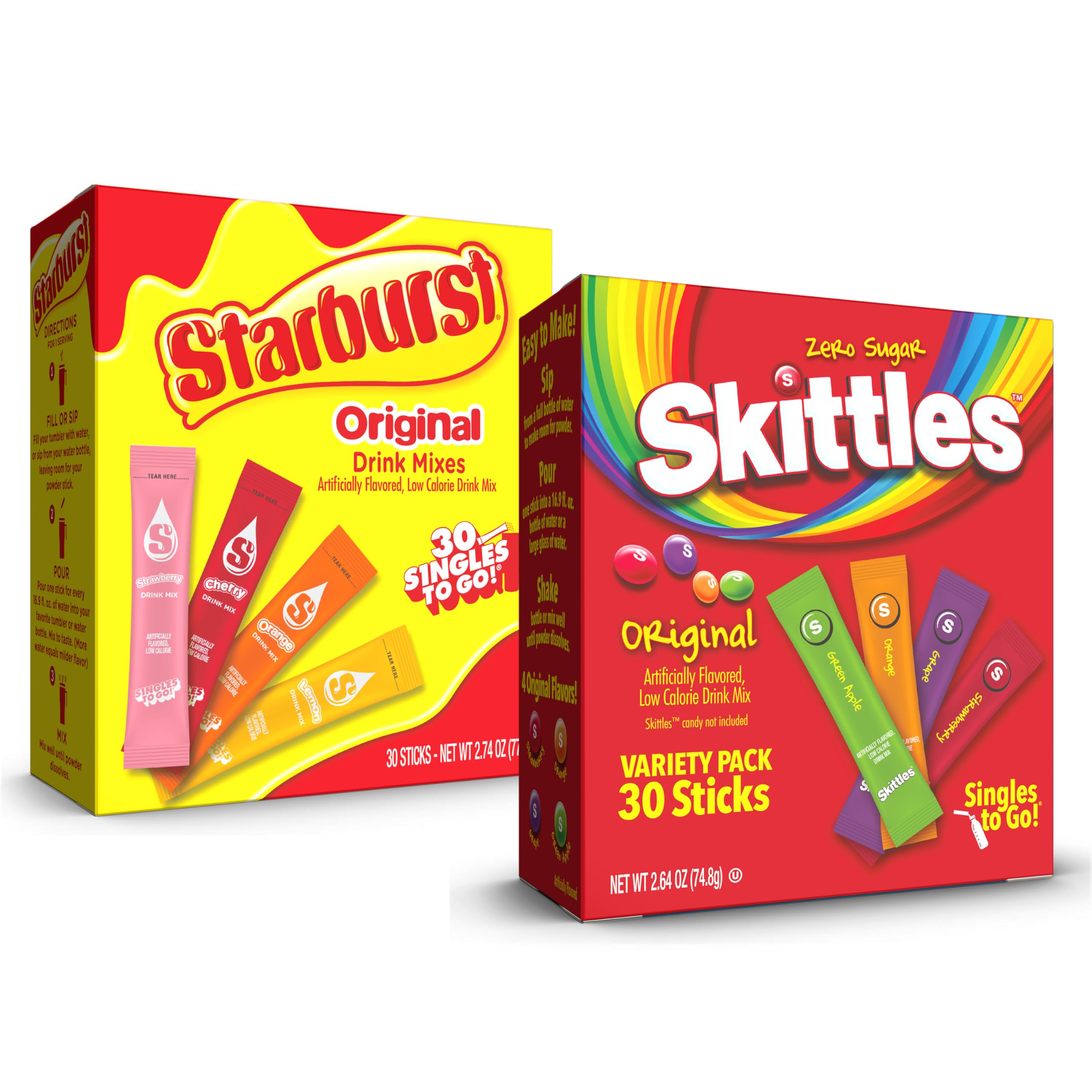 Skittles & Starburst Singles To Go Original & Starburst Flavors, 60 Count Variety Pack, Watertok Powdered Drink Mix, Zero Sugar, Low Calorie, Includes 4 Tropical & 4 Starburst Flavors