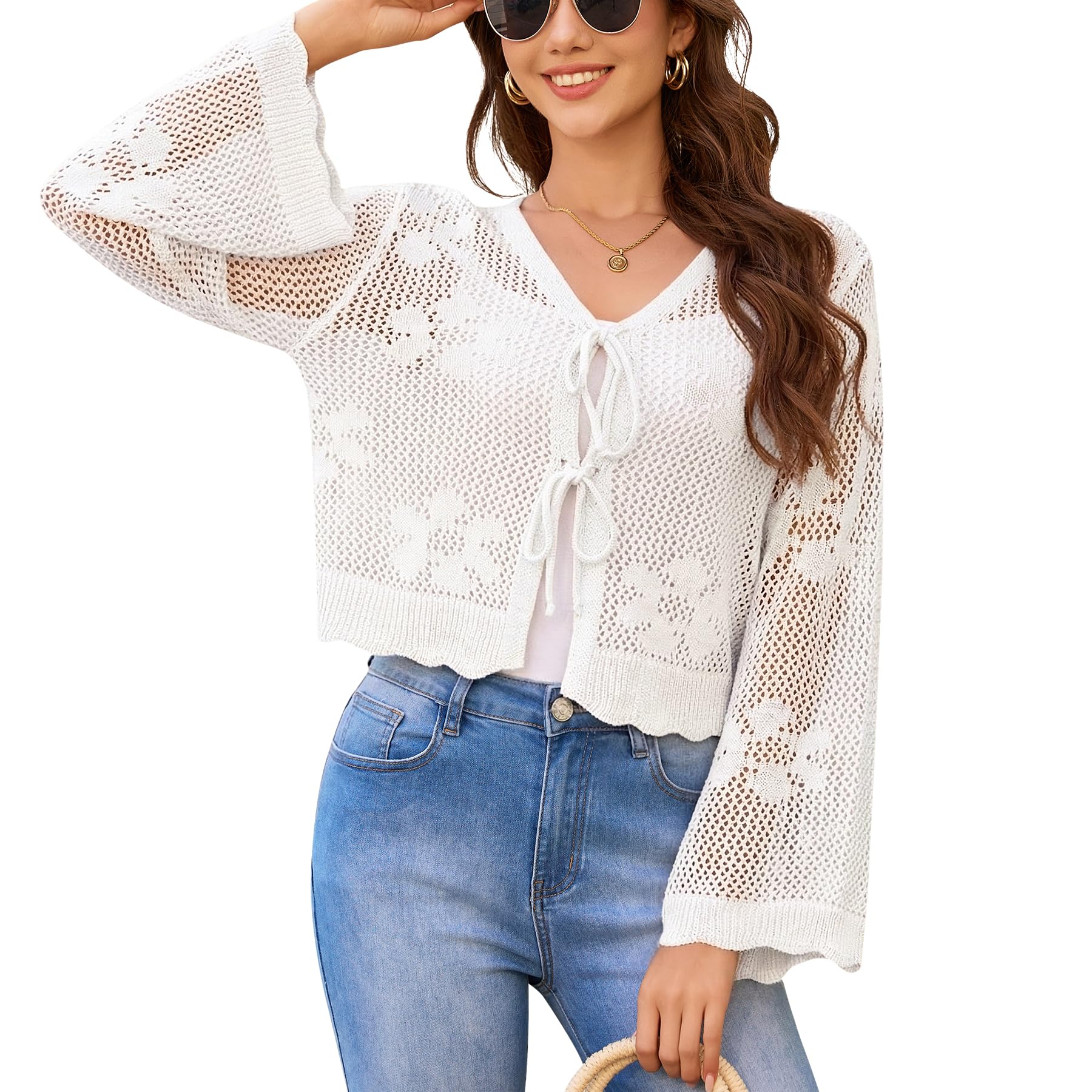 Boléro pour femme - Cardigan léger - Manches 3/4 - Cravate à l'avant - Court - Crochet - Veste boléro festive pour robe