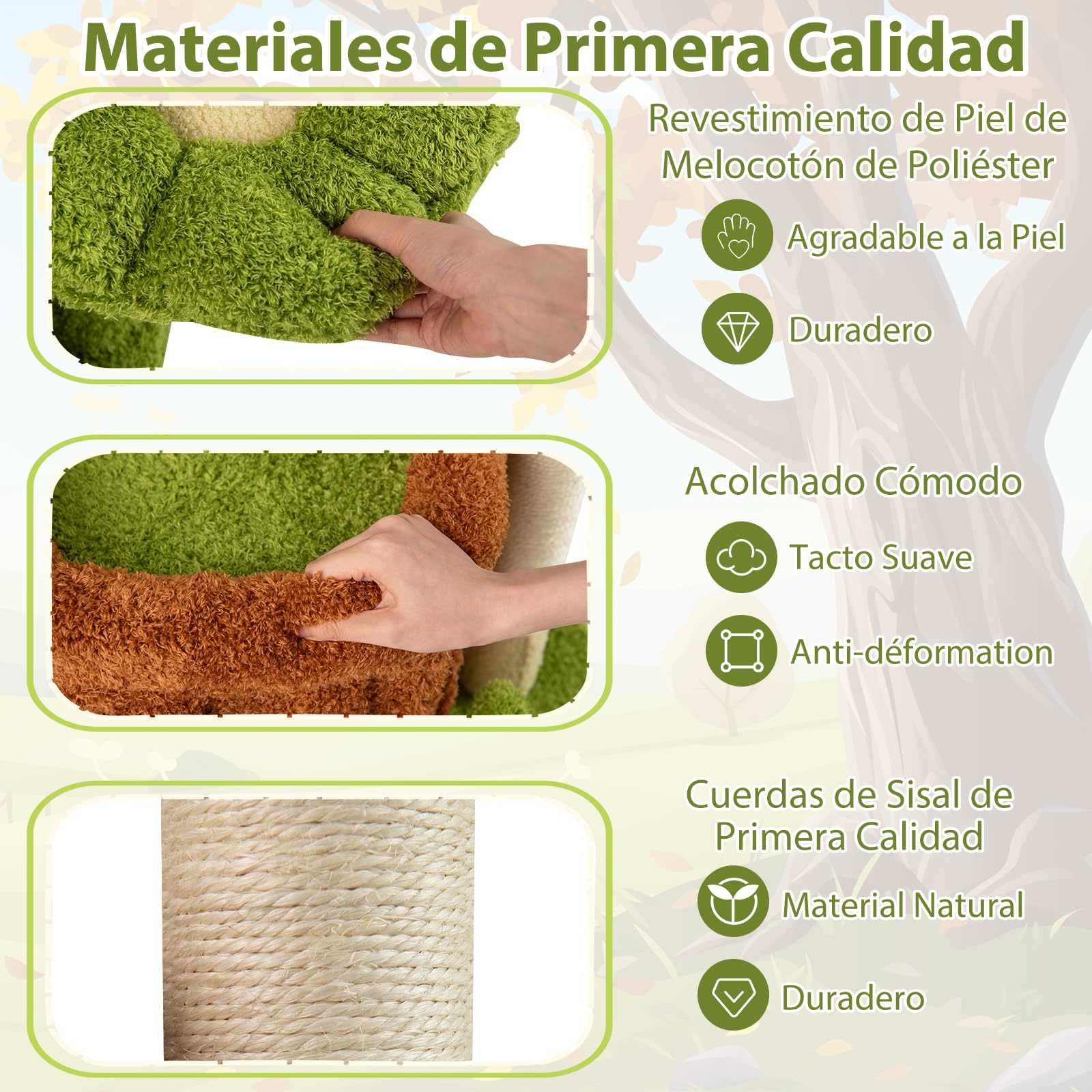 COSTWAY Árbol para Gatos de Bosque, Torre Multinivel con Condominio de Tronco, Percha Floral Acolchada, Rascador de Sisal y Juguetes, Centro de Actividades para Gatitos y Adultos, Verde + Marrón