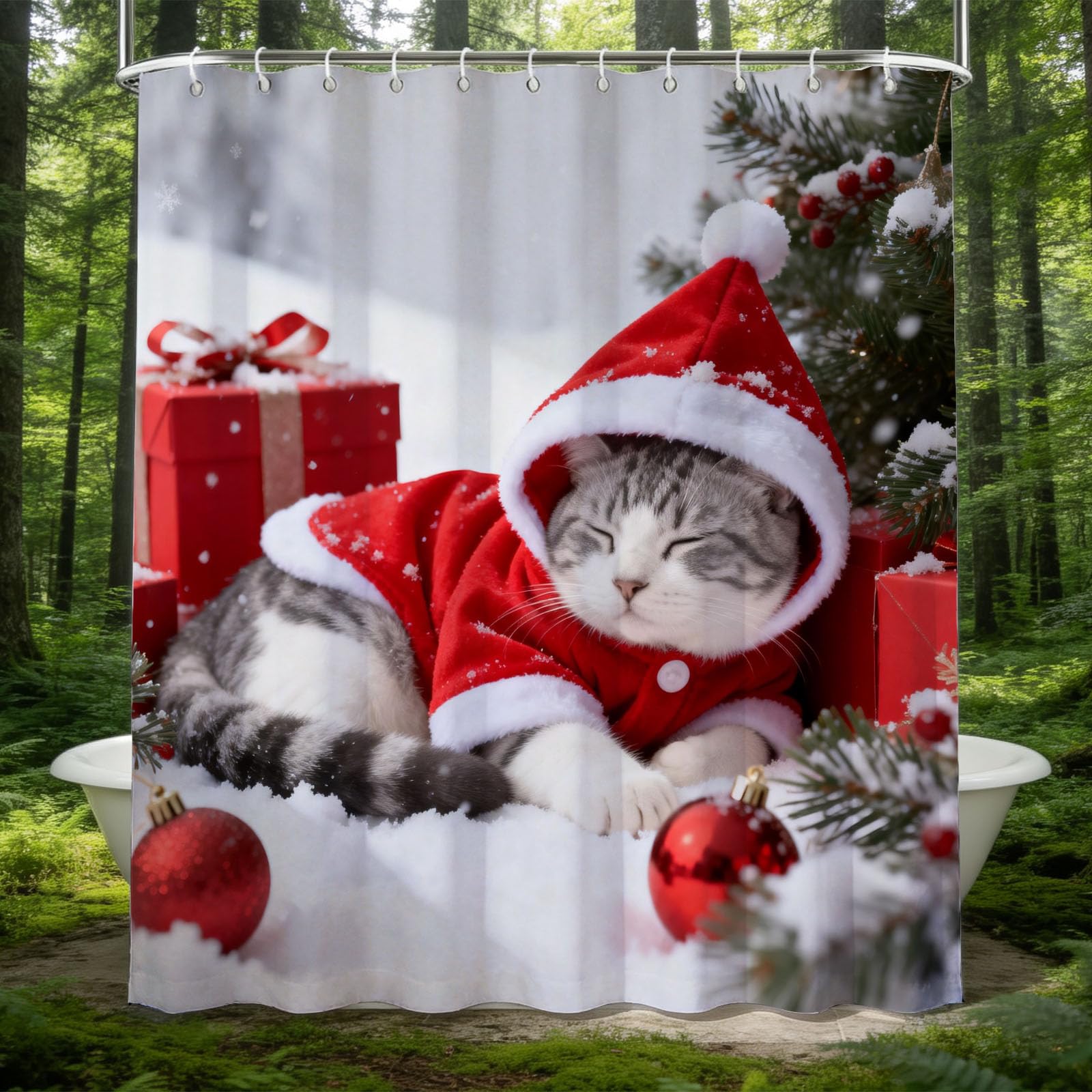 Hongduo 3D Cute Cat Shower Curtain for Stalls Bathtubs Snowscape Bathroom Decor Shower Curtain Set Polyester Fabric Waterproof 120x180cm/48X71 Inch with Hooks