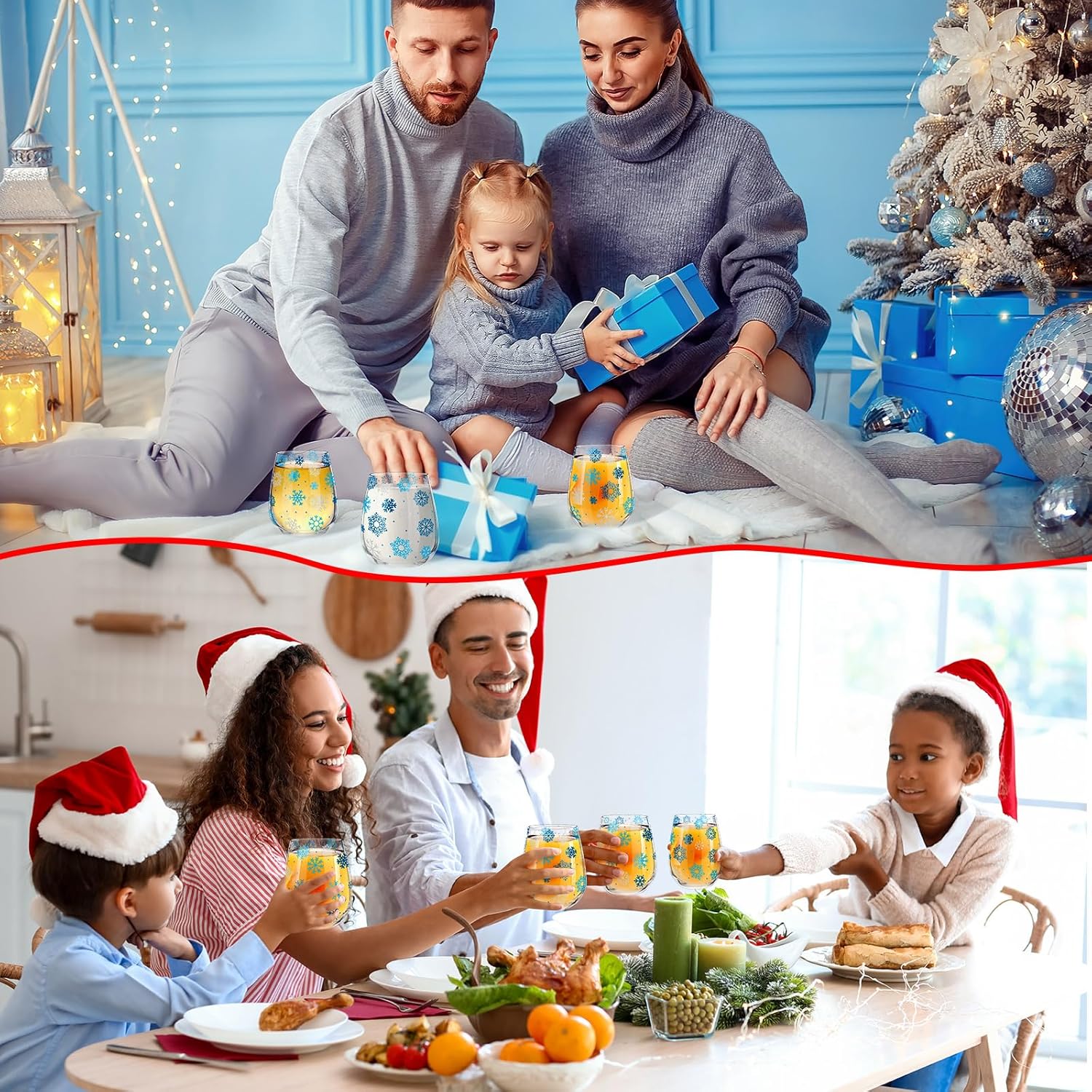 6 Pcs Snowflake Wine Glasses Set 19 oz Winter Stemless Drinking Glasses Blue and White Snowflake Wine Glass Holiday Tumbler Cups for Winter Gifts Coffee Tea Party Supplies - Image 4