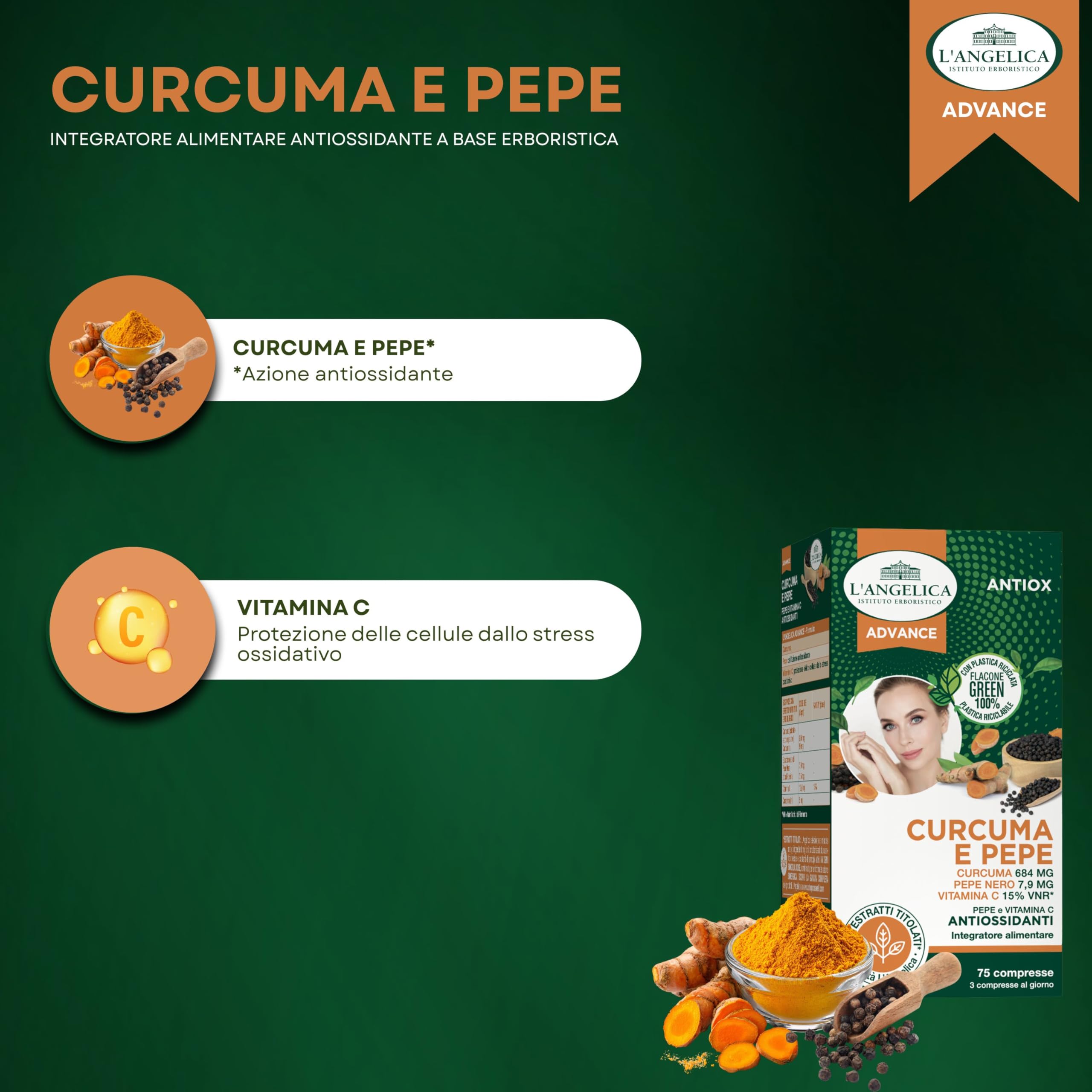 L'Angelica, Integratore in Compresse Curcuma e Pepe, Azione Antiossidante, Senza Lattosio, Senza Glutine, Formato: 75 Compresse