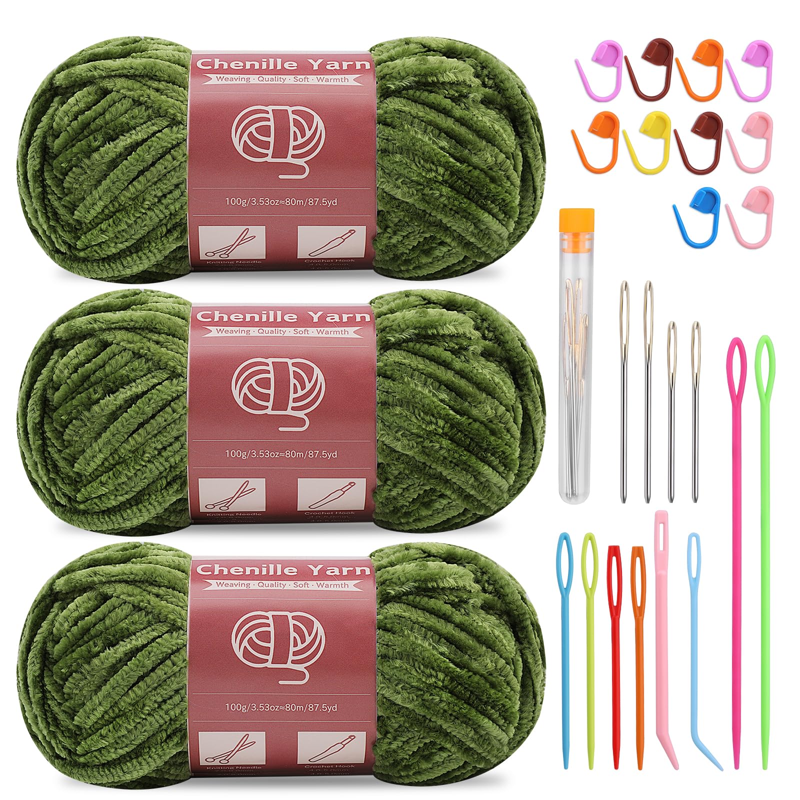 SUVSOON 3 * 100g Chenille Yarn, Chenille Velvet Yarn for Crocheting and Knitting with Needles Stitch Marker Handcrafts Weaving Soft Chenille Yarns for Blankets, Clothes, Pattern Knitting (Olive-Green)