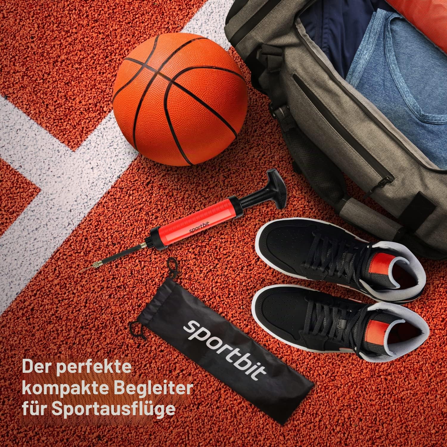 SPORTBIT Ballpumpe für Sportbälle – Basketballpumpe für Sportbälle – Fußball- & Volleyballpumpe, Basketball, Schwimm-Inflatables – Handluftpumpe mit 3 Nadeln, Düse, Verlängerungsschlauch, Tasche