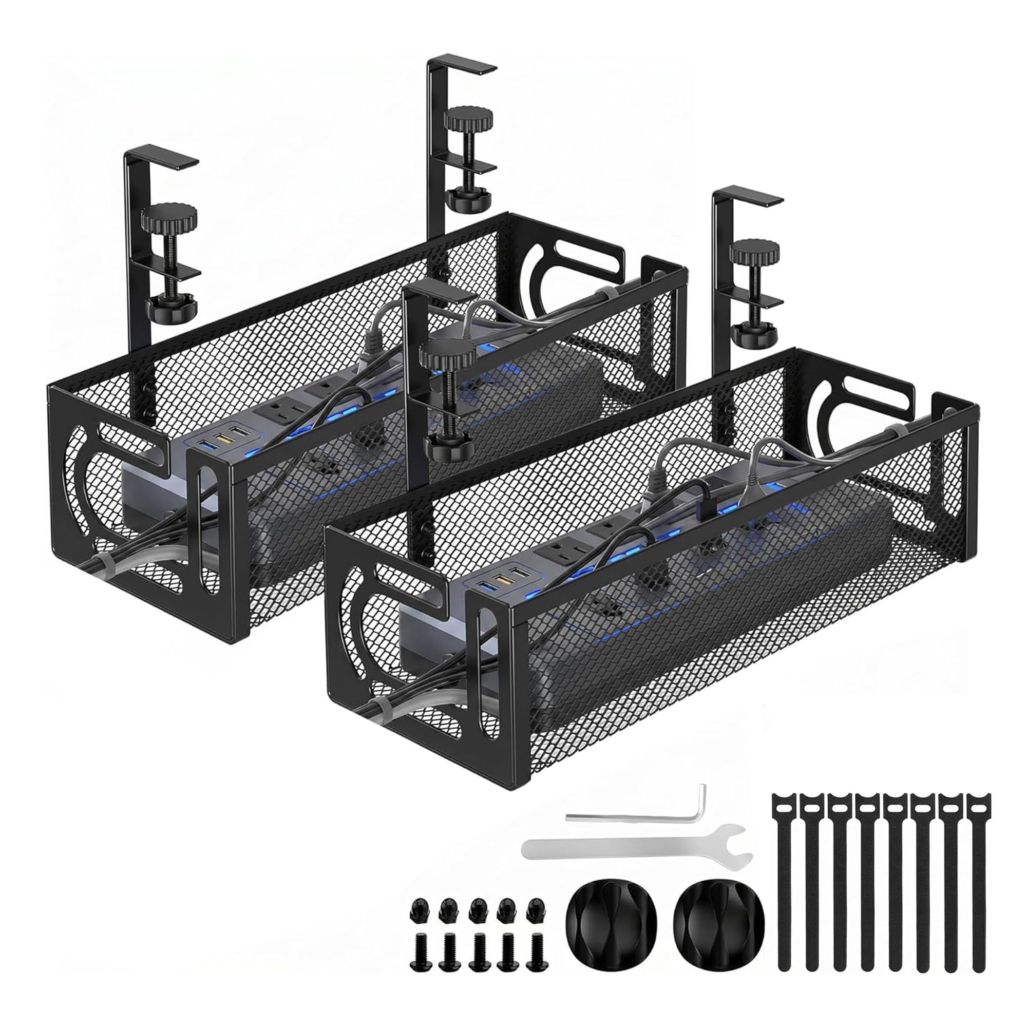 EcoFirst Under Desk Cable Management Tray No Drill Clamp Mount - Carbon Steel Wire Organiser for Standing Desk, Home, Office - Heavy Duty Basket with Side Design and Protective Pads, (Black, 2 Pack)