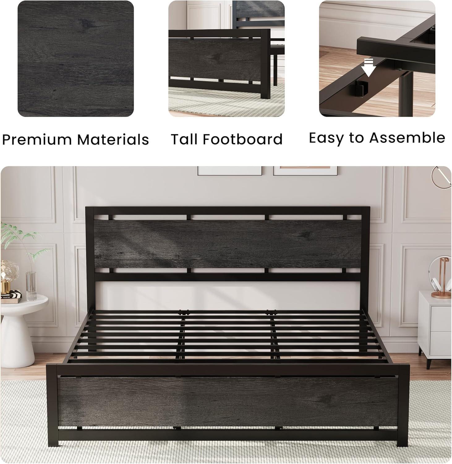 LIKIMIO King Bed Frame with Headboard and Footboard, Metal Strong Supports, Easy Assembly, Noise-Free, No Box Spring Needed, Charcoal Grey - Image 4