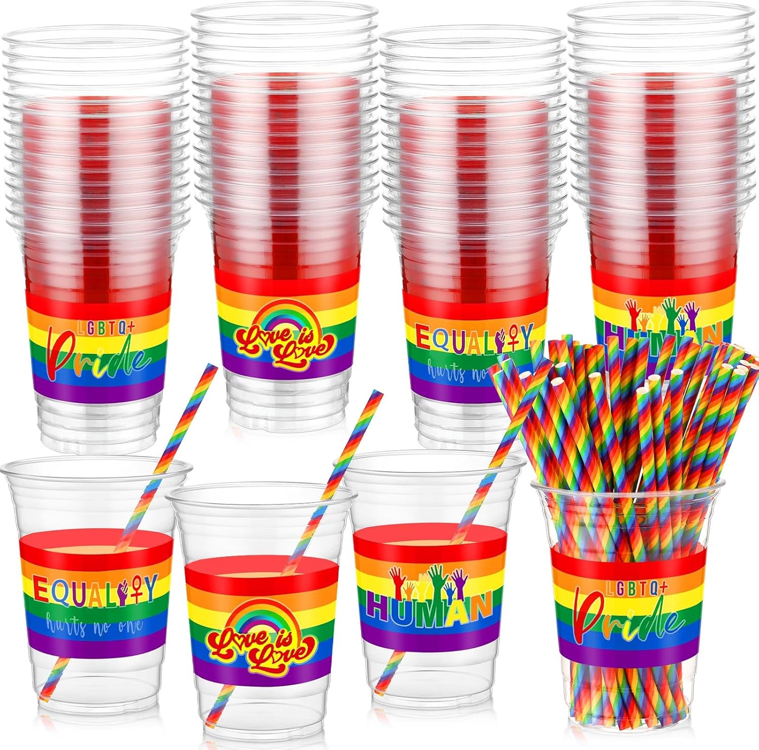 Sureio 100 Pcs LGBTQ Rainbow Pride Plastic Cup 16 oz Disposable Gay Pride Flag Plastic Tumbler Cups 48 Striped Rainbow Paper Straws for Rainbow Party Supplies Pride Month Anniversary Pride Gifts