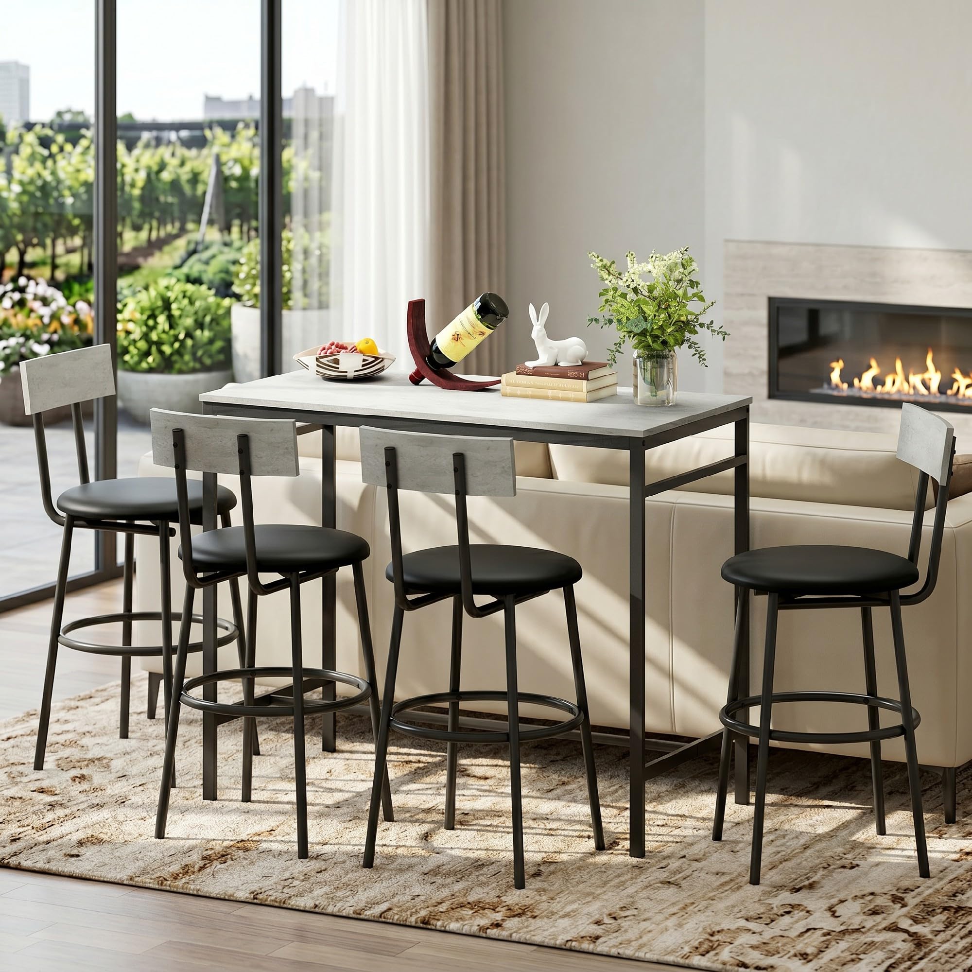 HOMCOM Ensemble table de bar avec tabourets, table haute bar et 4 tabourets, table à manger haute avec chaises, repose-pieds, structure en acier, style industriel, pour salle à manger et cuisine, gris