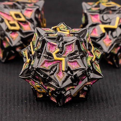 Miniatura 4 de OUKELANWO Juego de 7 dados DND de metal fresco D&D con caja, dados poliédricos D y D RPG dorado y morado para juegos de rol, Dungeons and Dragons