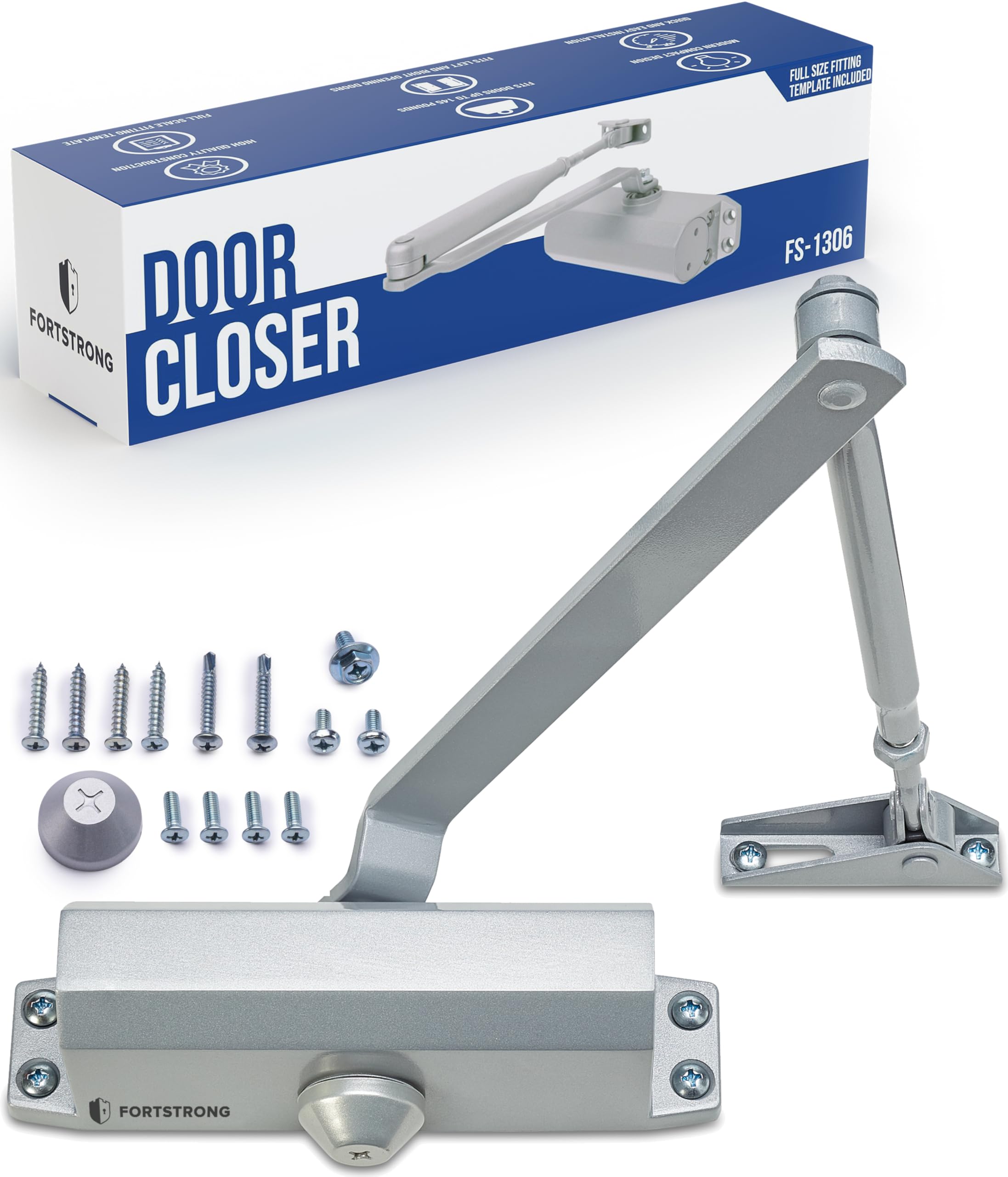 Door Closer FS-1306 Automatic Adjustable Closers Grade 3 Spring Hydraulic Auto Door-Closer with Easy Installation Life Size Fitting Template & Instructions Silver Aluminium