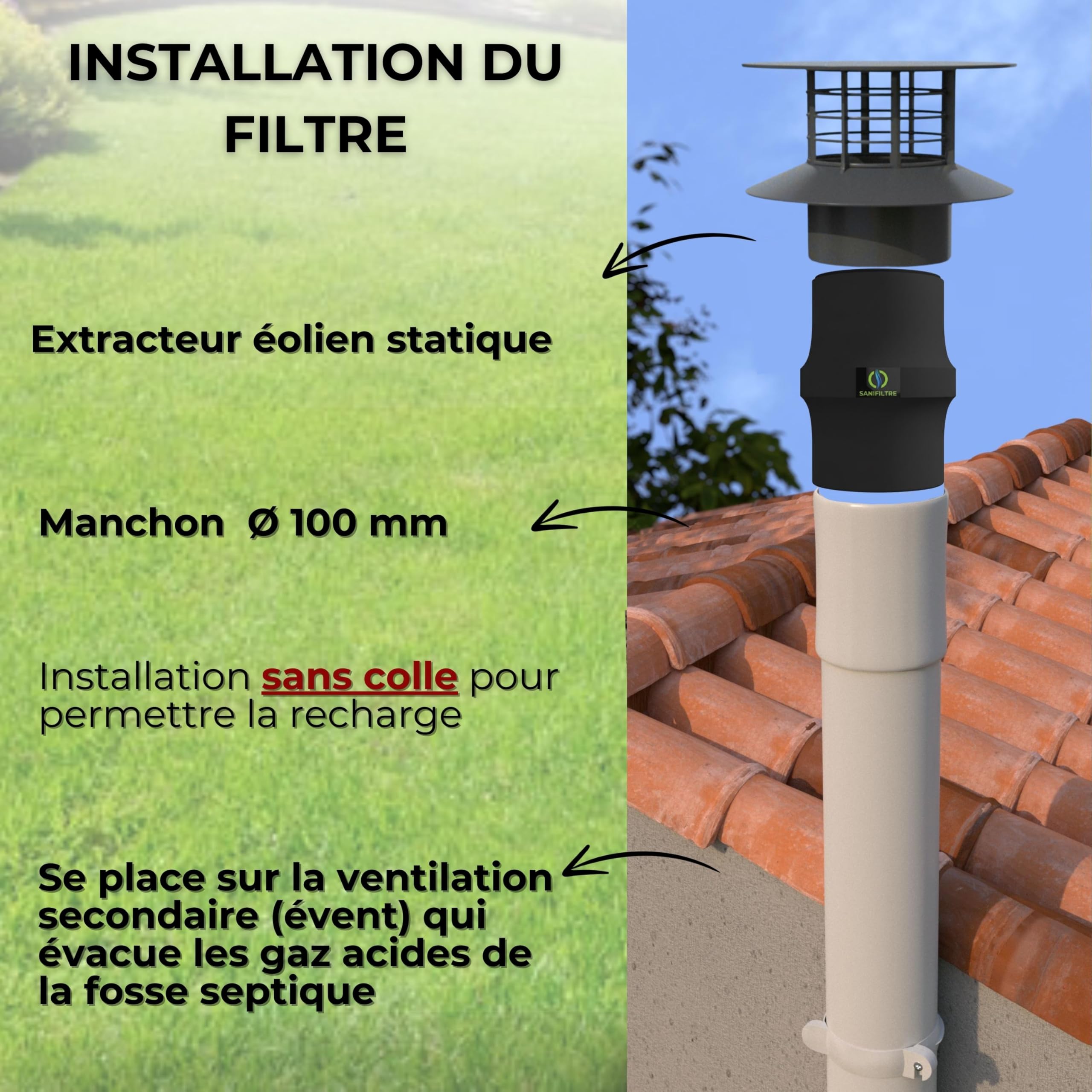 Filtre Anti-Odeurs Haute Performance au Charbon Actif Anti-H2S, Ø 100 mm, Solution sans Collage, pour Fosse Septique & Toutes Eaux, Rechargeable & Robuste – HYDRODIV