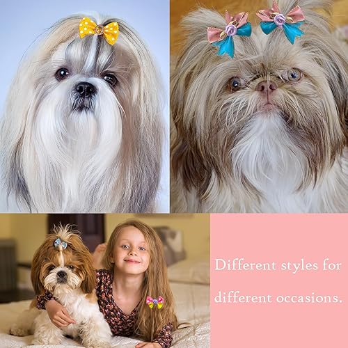 Miniatura 7 de 200 lazos para el pelo de perro, 100 pares de lazos de metal con clip para perro con perlas y flores para peluquero, niño, niña, Yorkie, cachorros