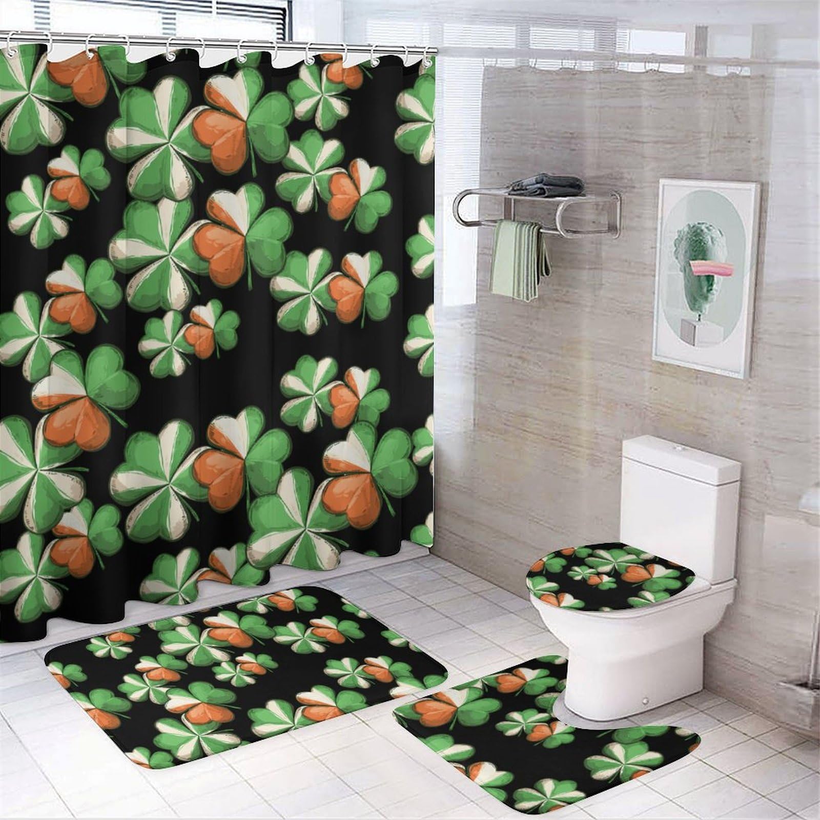 CGSBNGHA Irish Flag Shamrock Shower Curtain Set 4 Piece Bathroom Sets with Rugs Toilet Lid Cover And U-Shaped Floor Mat