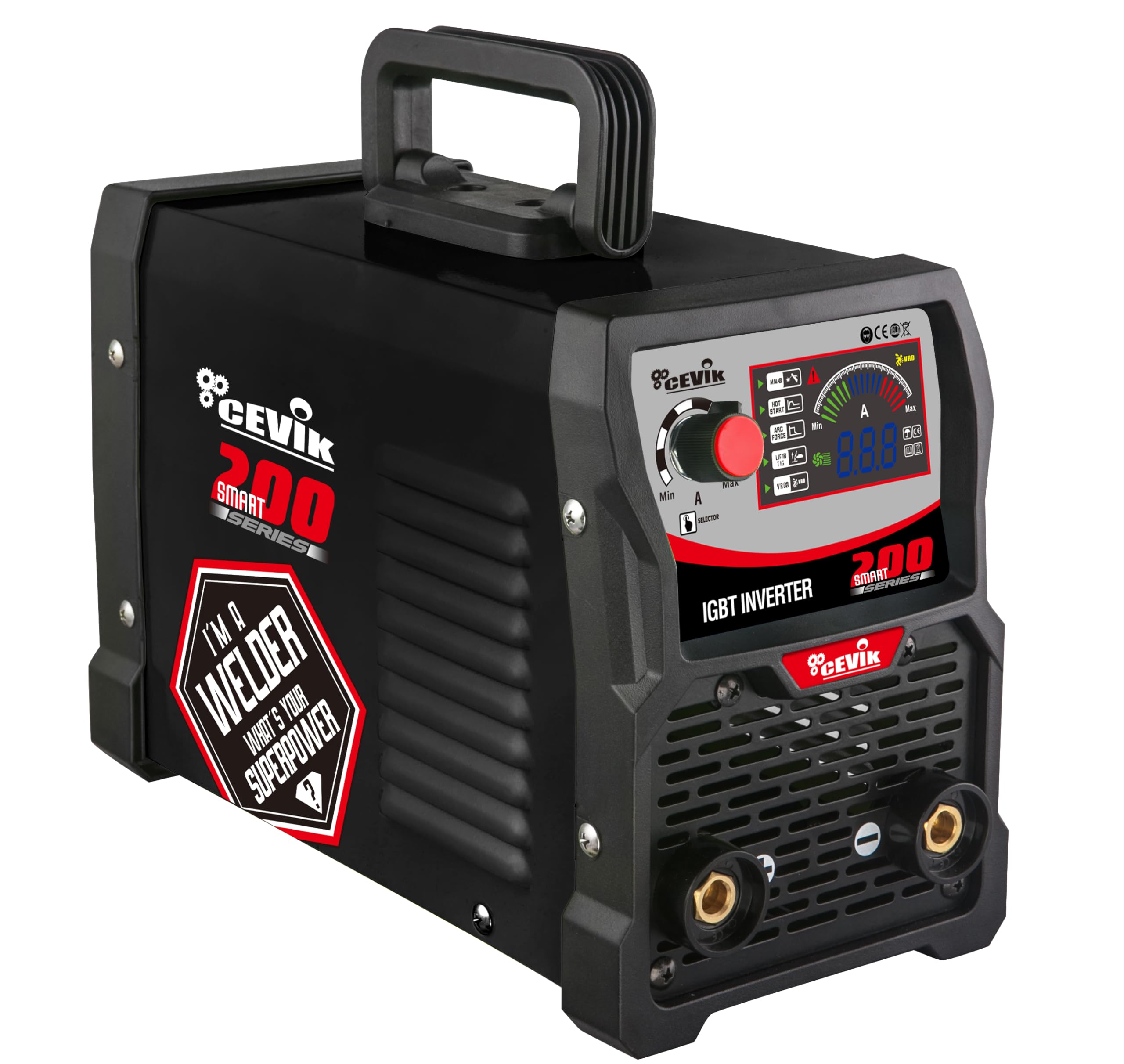 CEVIK PRO CE-SMART200 - MMA Inverter Welder with Welding Mask and Electrode Holder-200A 40% 230V -Electrodes up to 5 mm - LED Display - Connectable to Generator - Portable Professional Welding Machine