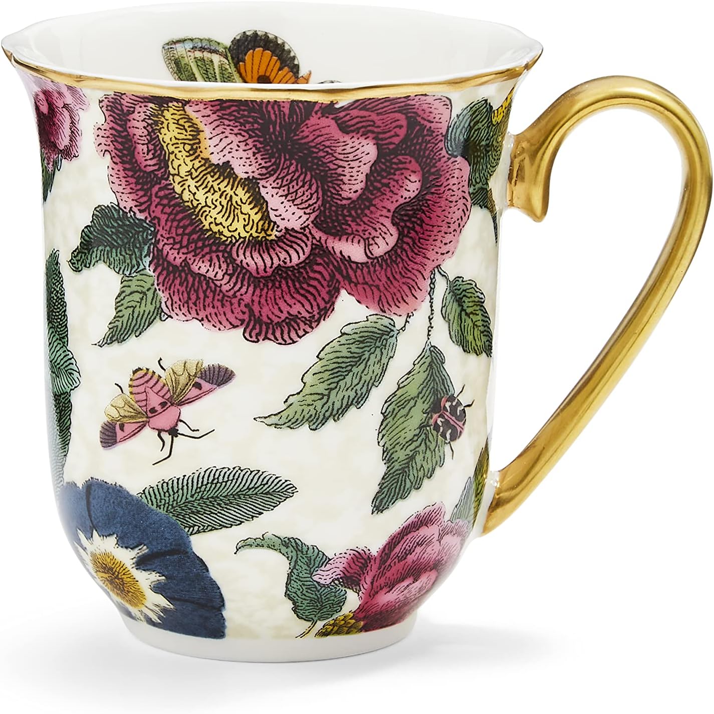 Spode Creatures of Curiosity Collection - Taza de café floral crema, 12 onzas, borde dorado y asa, hecha de porcelana fina, tazas para café, taza de