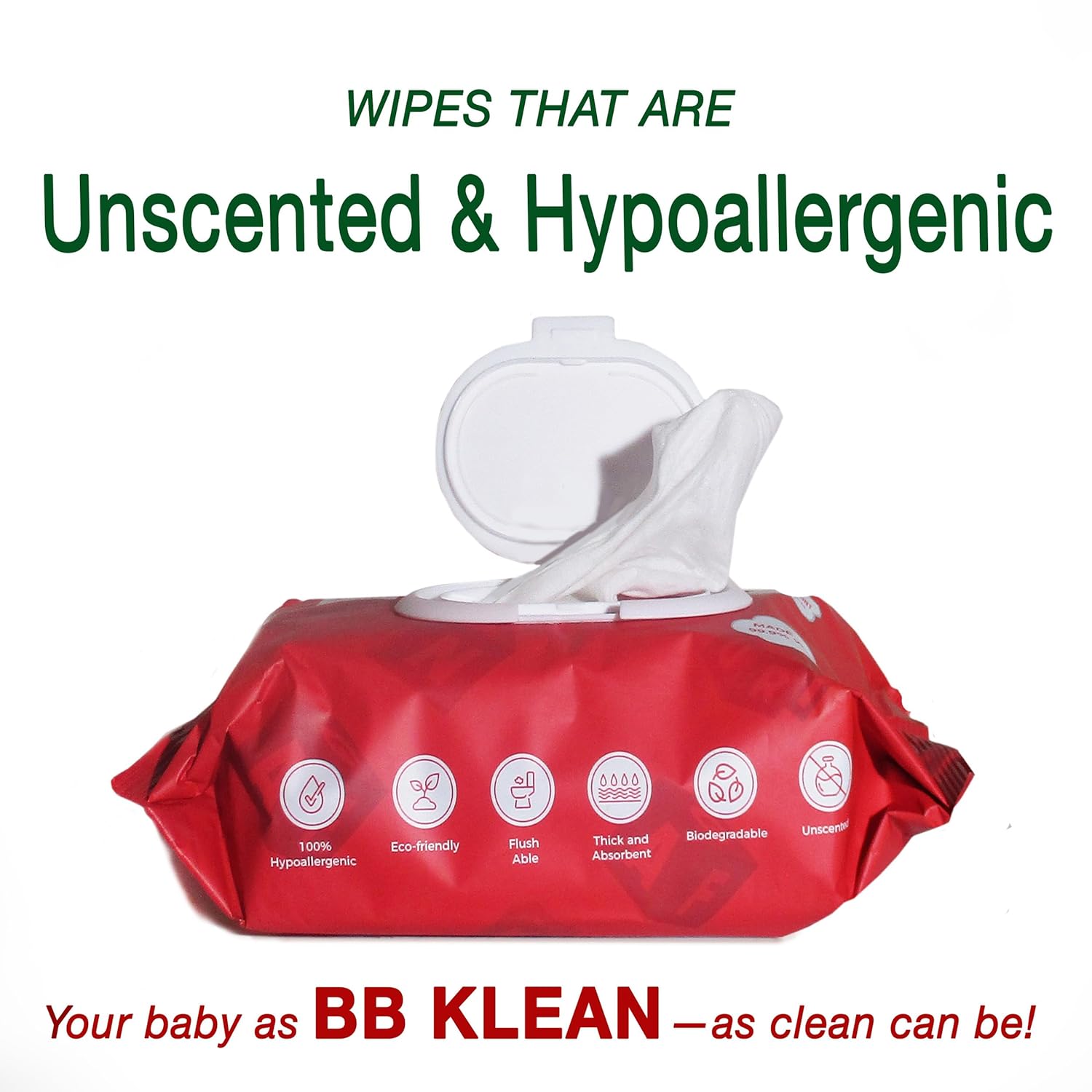 B.B. Klean Flushable Baby Wipes | Hypoallergenic | Sensitive Skin | Thick & Absorbent | Durable | Unscented | 99.9% Water | Eco-Friendly | 80 Wipes Inside (10)