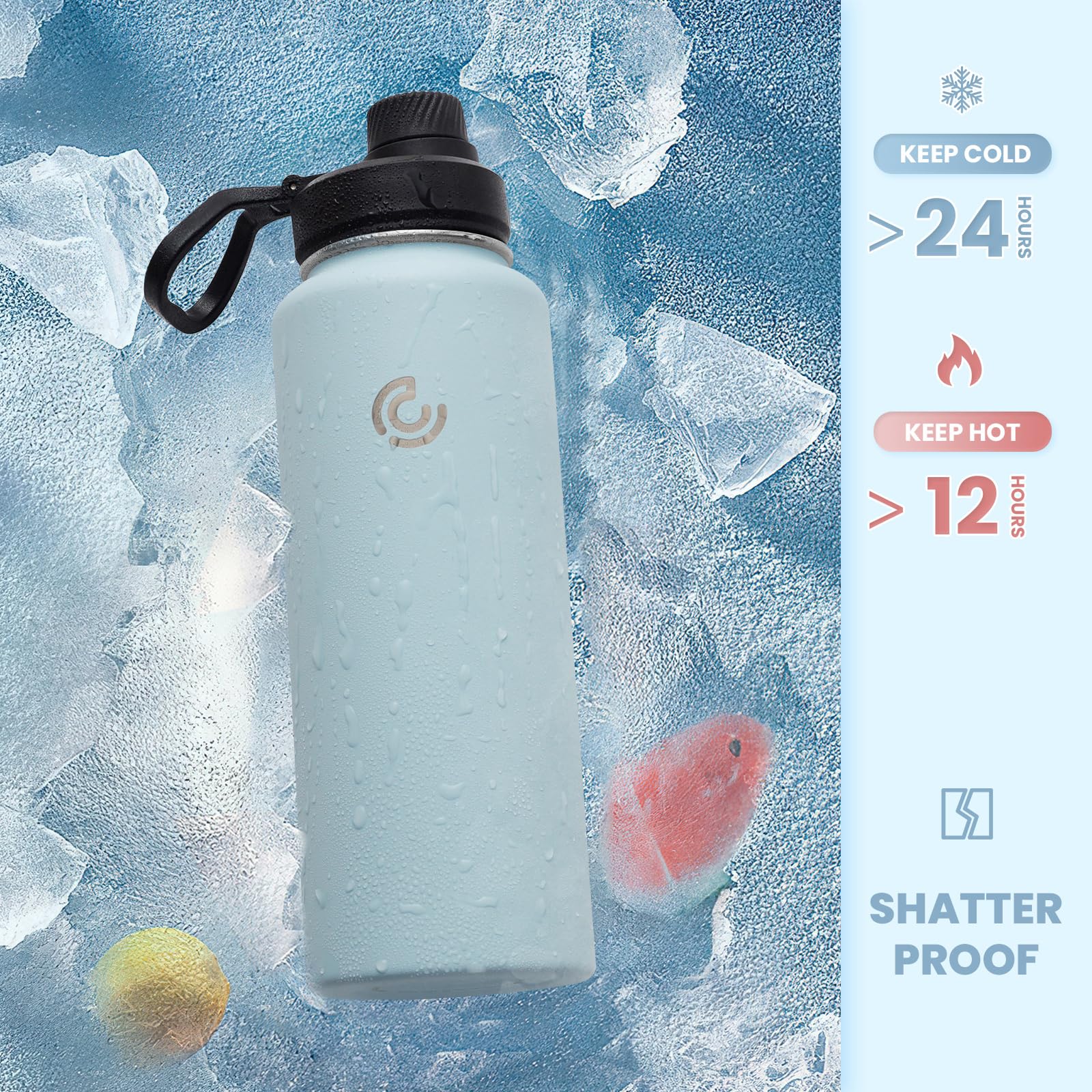 COKTIK Izolowana butelka na wodę ze stali nierdzewnej ze słomką, 900 ml, 3 pokrywki, szczelna, lekka, do wędrówek, jazdy na rowerze, biegania (FOG)