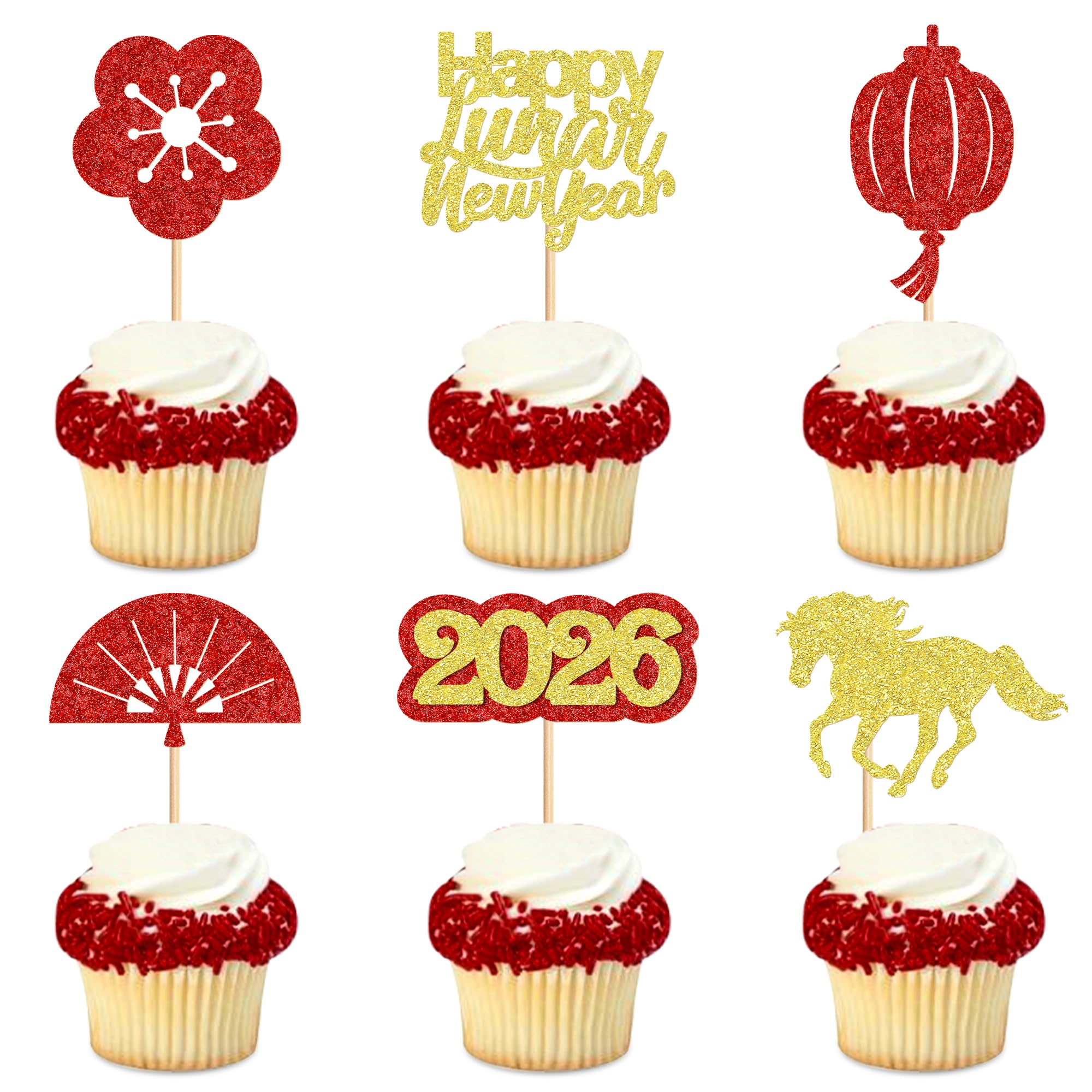 Blumomon 24Pcs Happy New Year Cupcake Toppers 2026 Horse Year Cupcake Toppers Picks 2026 Celebration Party Decorations New Years Eve Holiday Decor Glitter Party Accessories