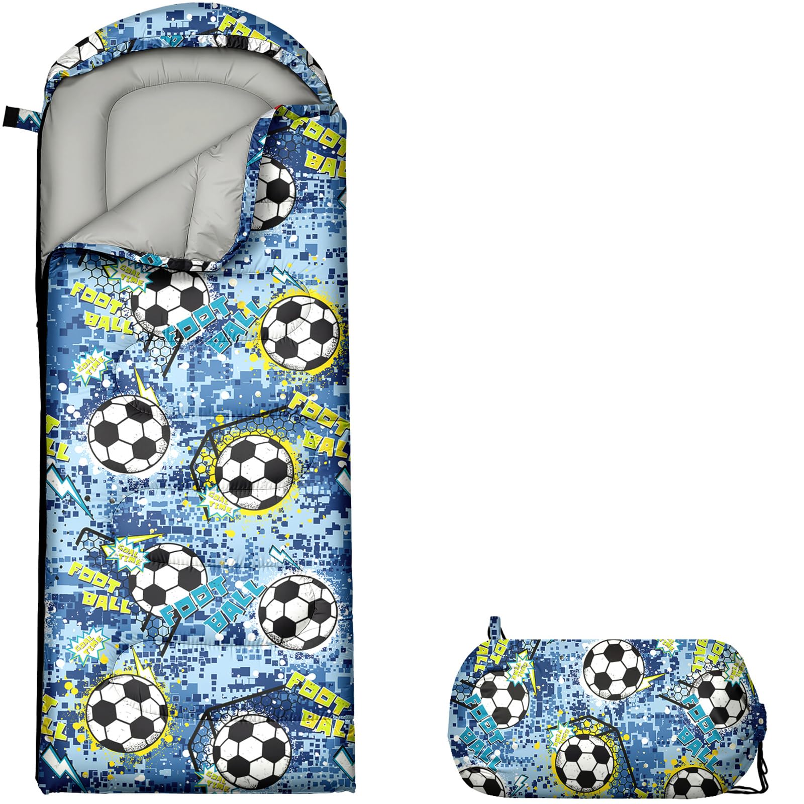 LUVLICHT Kids Sleeping Bag,Footballs Printed Sleeping Bag for Boys Girls,Lightweight Camping Bag for Cold Weather,Portable Waterproof Camping Bag for Hiking Outdoor Indoor(Footballs)