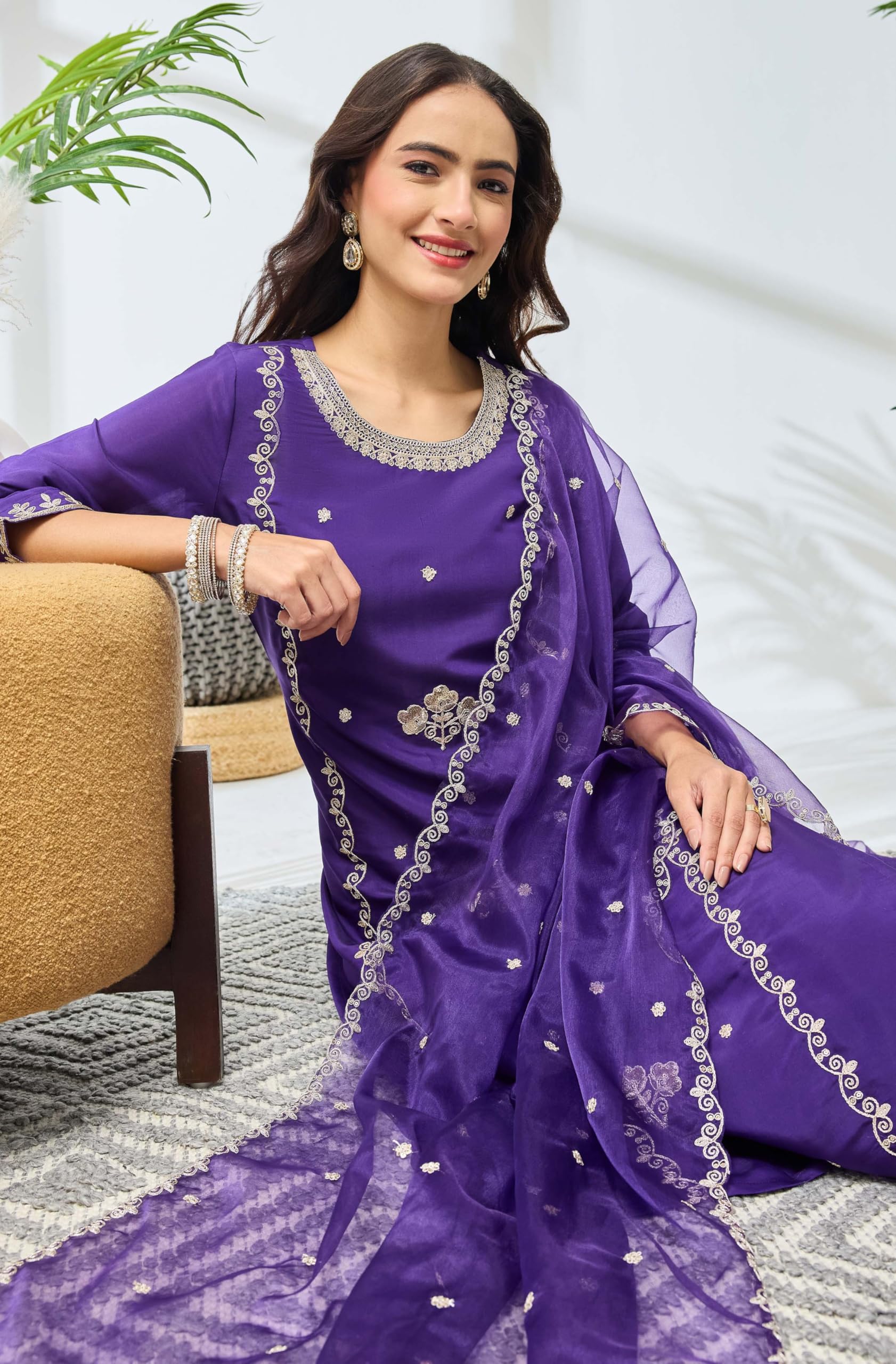Janasya Women's Purple Silk Blend Embroidered Straight Kurta Set